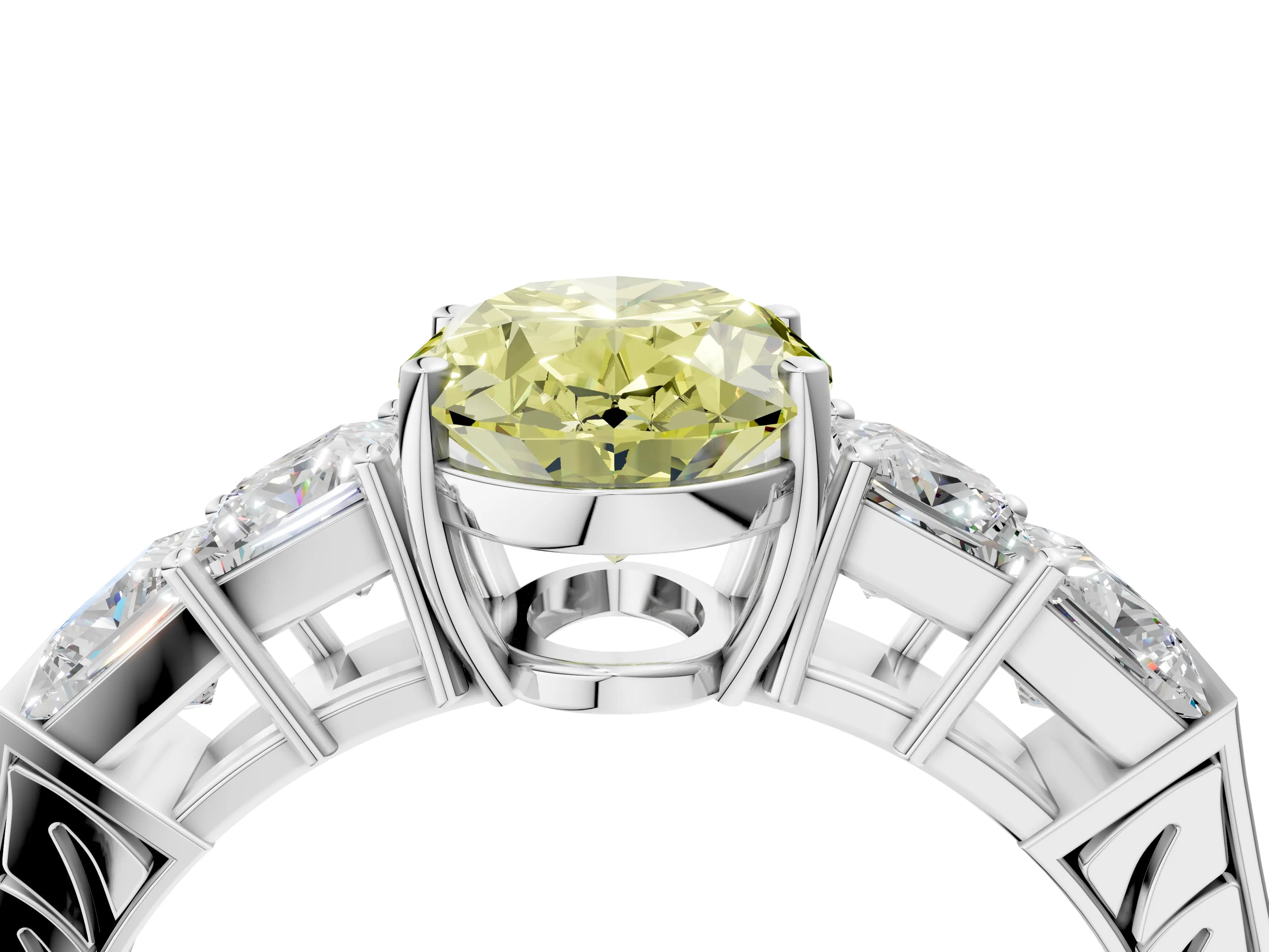 White gold Fancy Yellow Oval Cut Solitaire Princess Side Stone Engraved Band Prong Setting Ring_4