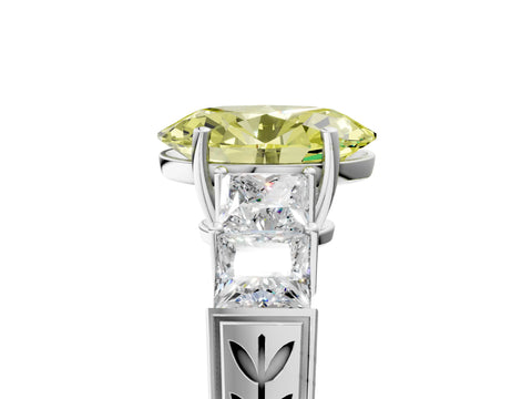 White gold Fancy Yellow Oval Cut Solitaire Princess Side Stone Engraved Band Prong Setting Ring_5