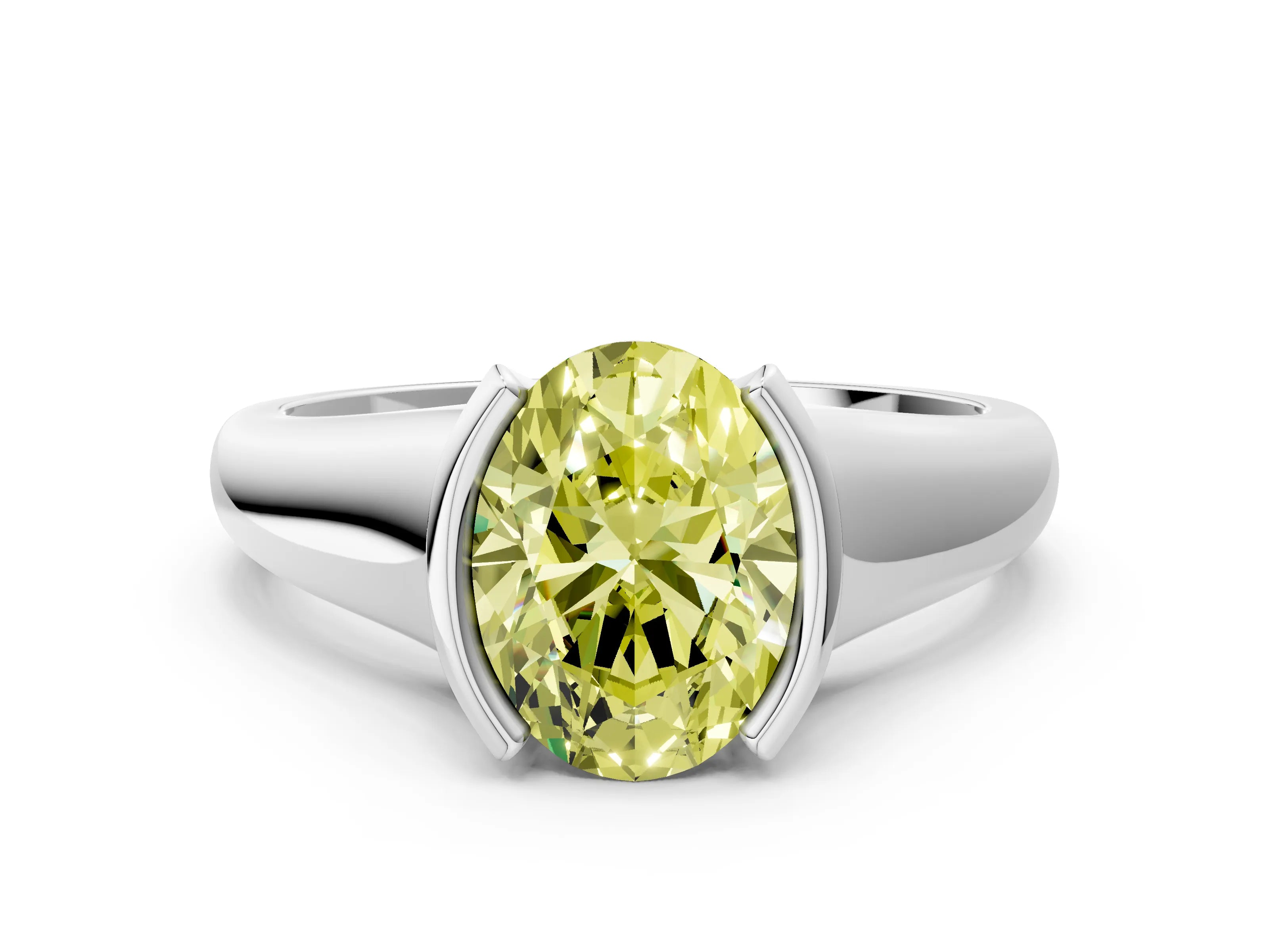 White gold Fancy Yellow Oval Cut Solitaire Tension Set Diamond Ring with Split Shank Band