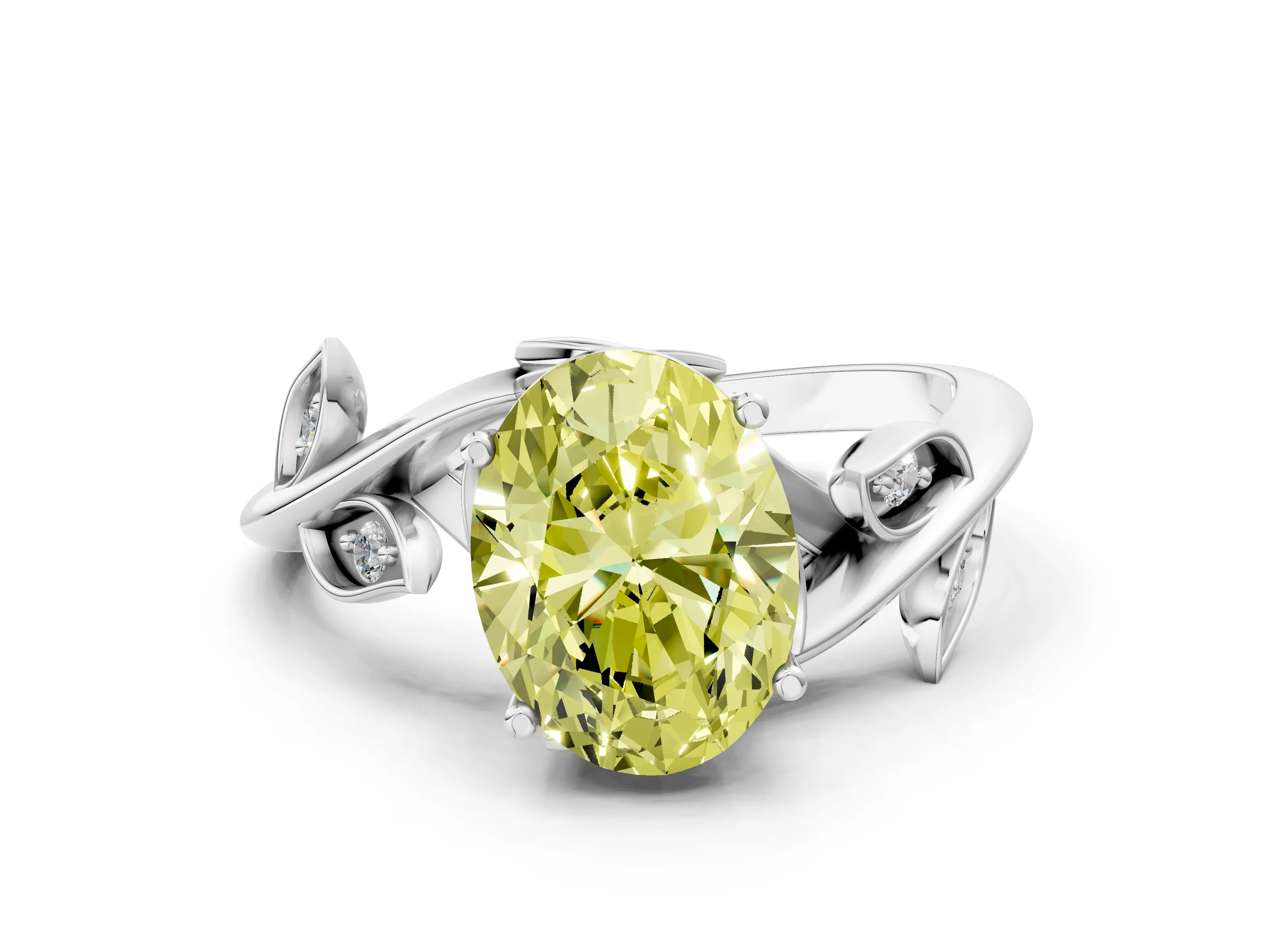White gold Fancy Yellow Oval Cut Solitaire Twist Engagement Ring with Leaf Accents and Prong Setting_12