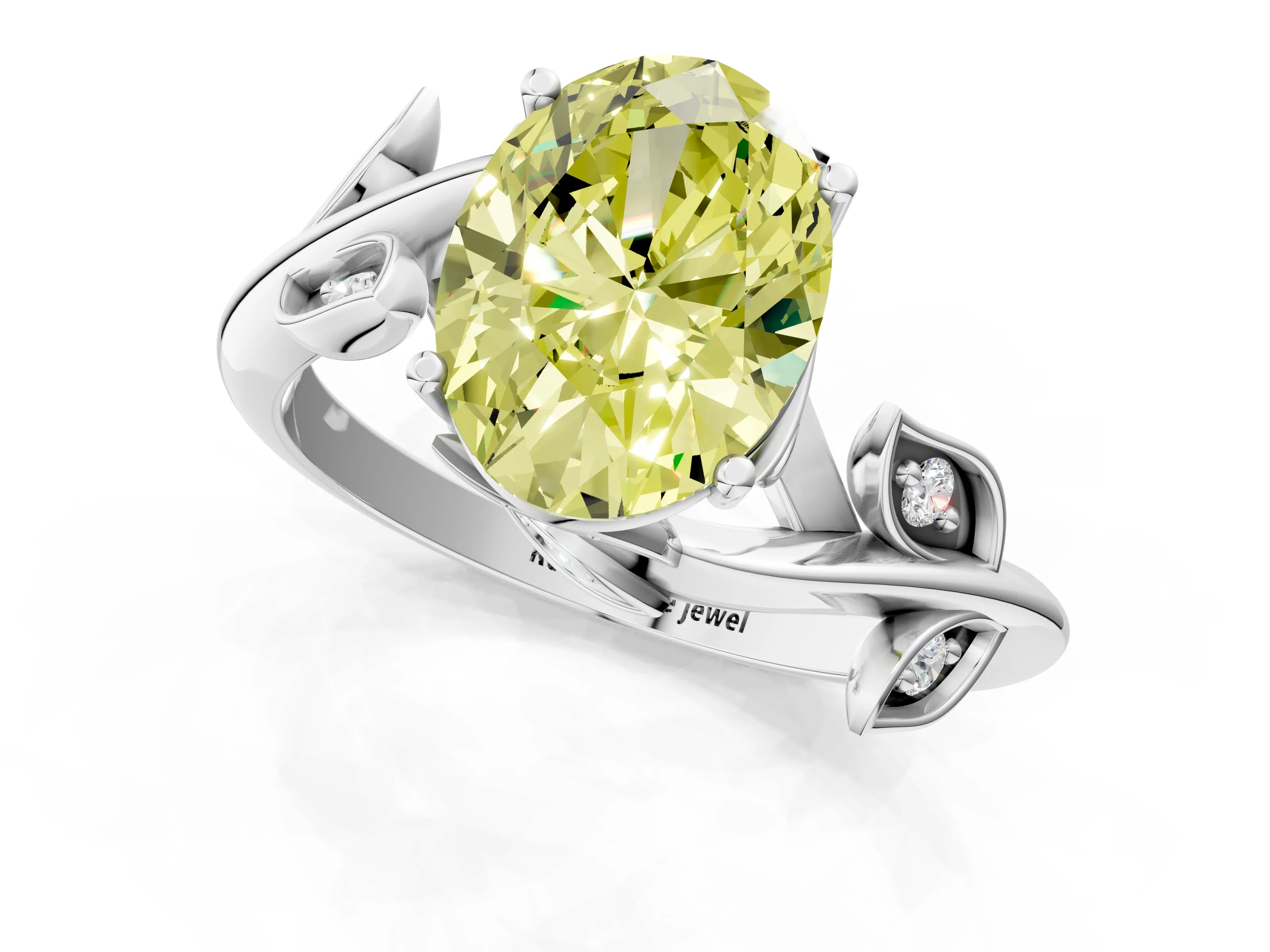 White gold Fancy Yellow Oval Cut Solitaire Twist Engagement Ring with Leaf Accents and Prong Setting_13