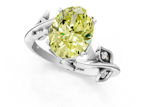 White gold Fancy Yellow Oval Cut Solitaire Twist Engagement Ring with Leaf Accents and Prong Setting_13