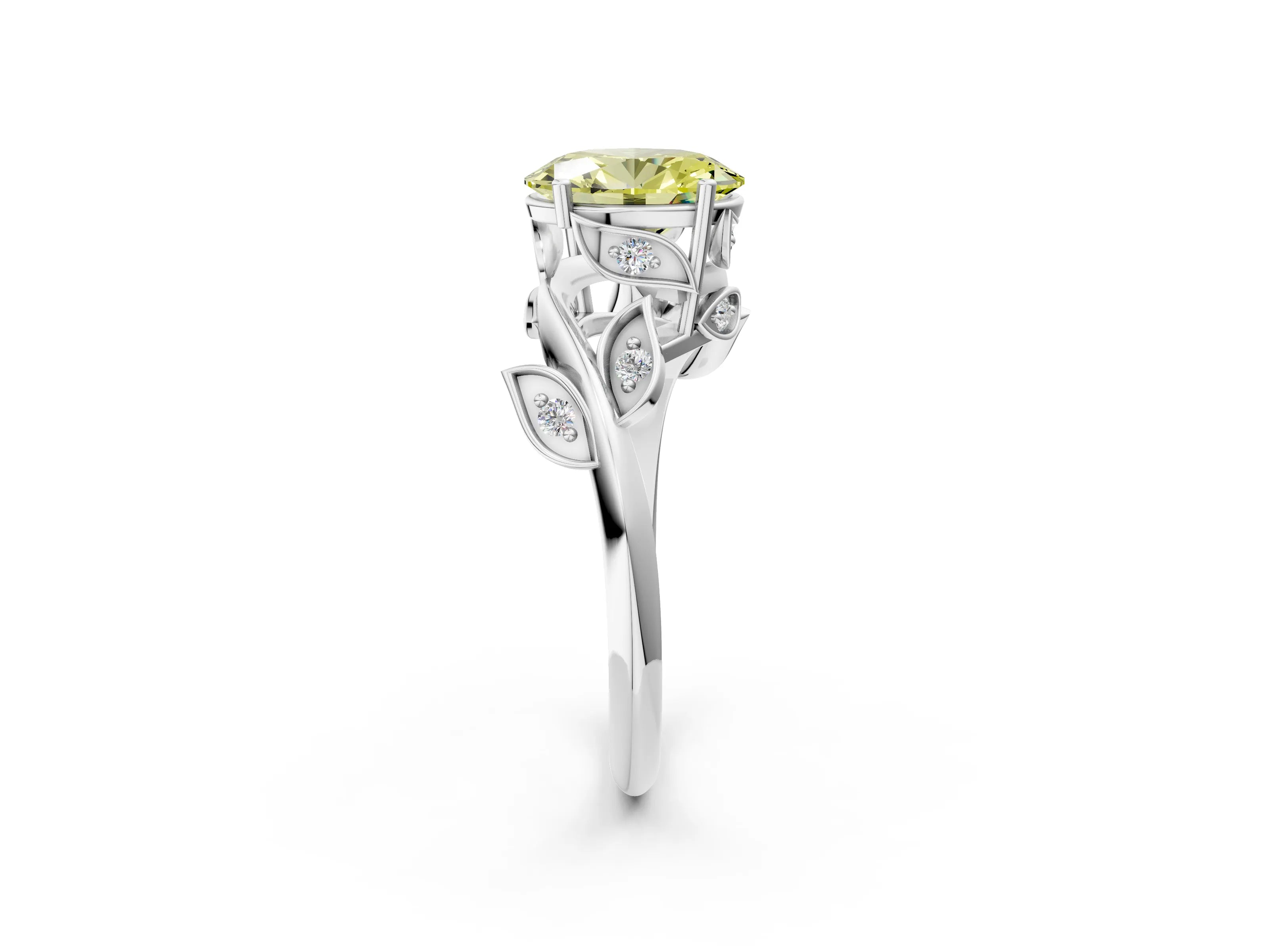 White gold Fancy Yellow Oval Cut Solitaire Twist Engagement Ring with Leaf Accents and Prong Setting_14
