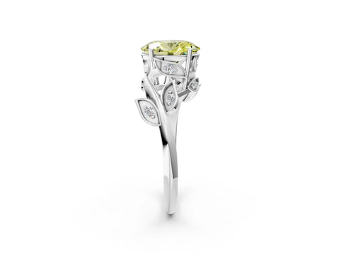 White gold Fancy Yellow Oval Cut Solitaire Twist Engagement Ring with Leaf Accents and Prong Setting_14