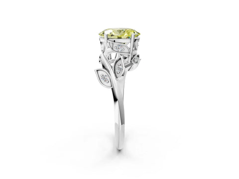 White gold Fancy Yellow Oval Cut Solitaire Twist Engagement Ring with Leaf Accents and Prong Setting_14