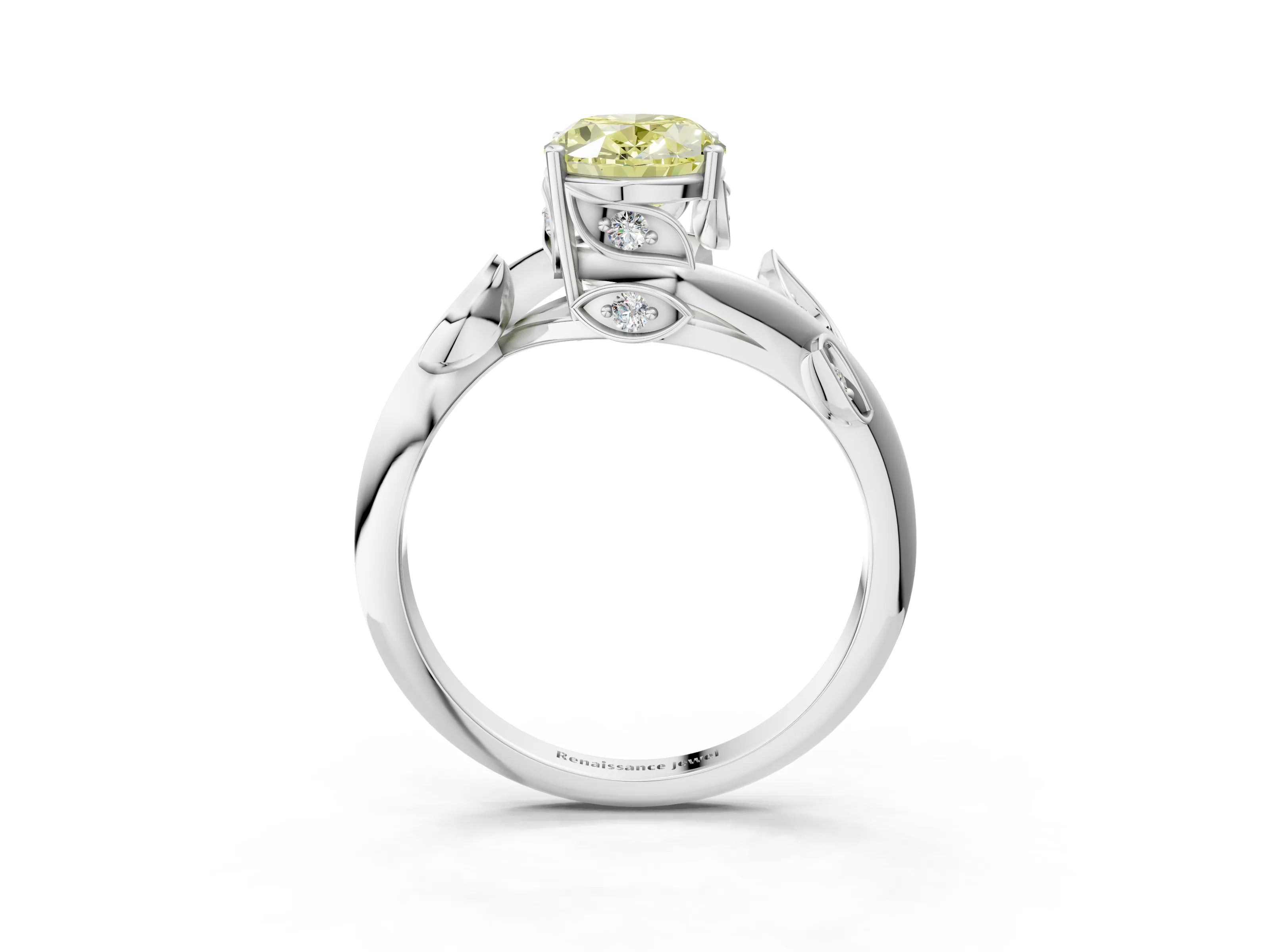 White gold Fancy Yellow Oval Cut Solitaire Twist Engagement Ring with Leaf Accents and Prong Setting_15