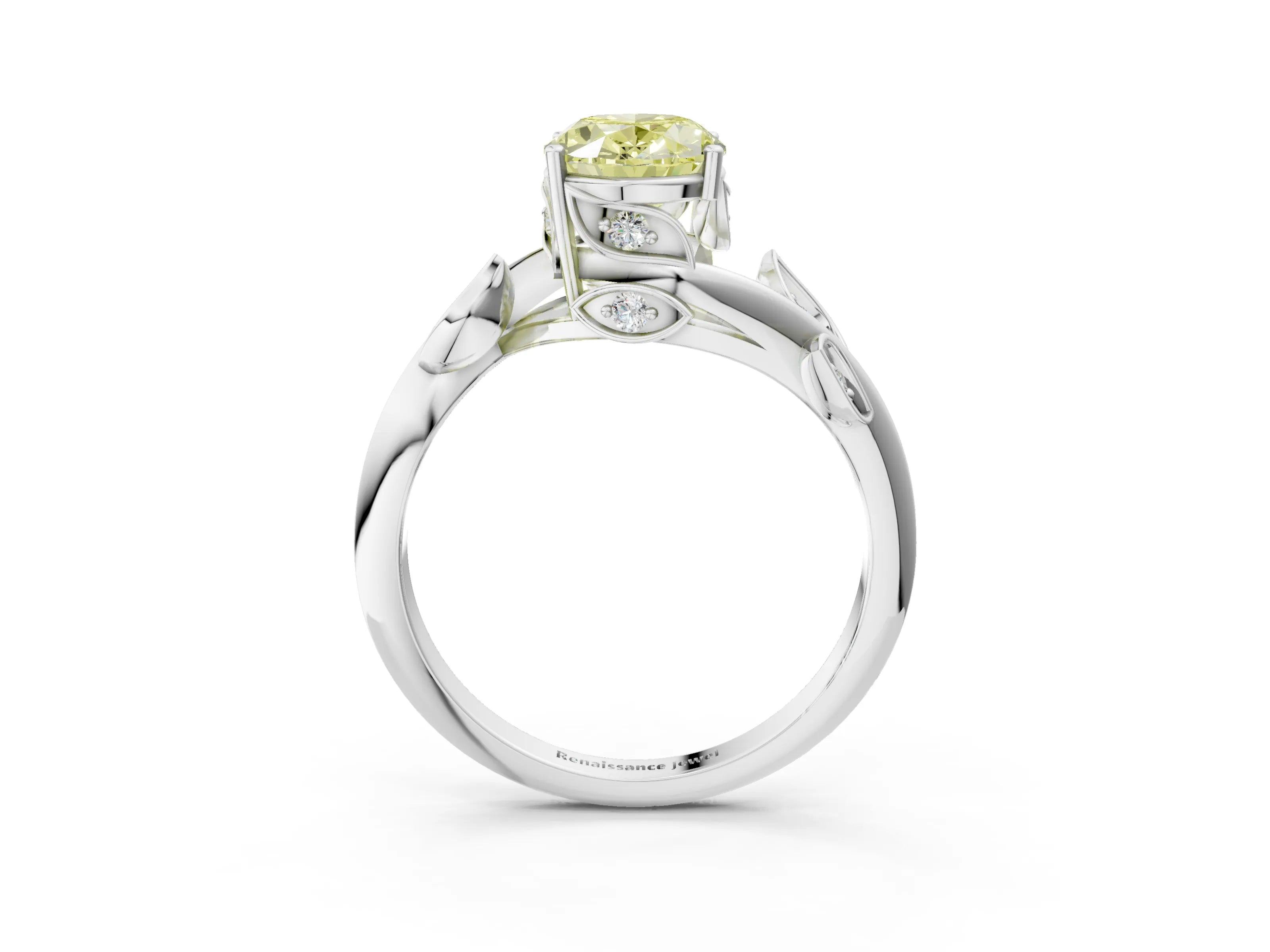 White gold Fancy Yellow Oval Cut Solitaire Twist Engagement Ring with Leaf Accents and Prong Setting_15