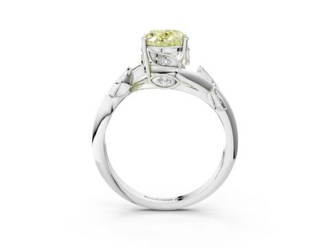 White gold Fancy Yellow Oval Cut Solitaire Twist Engagement Ring with Leaf Accents and Prong Setting_15