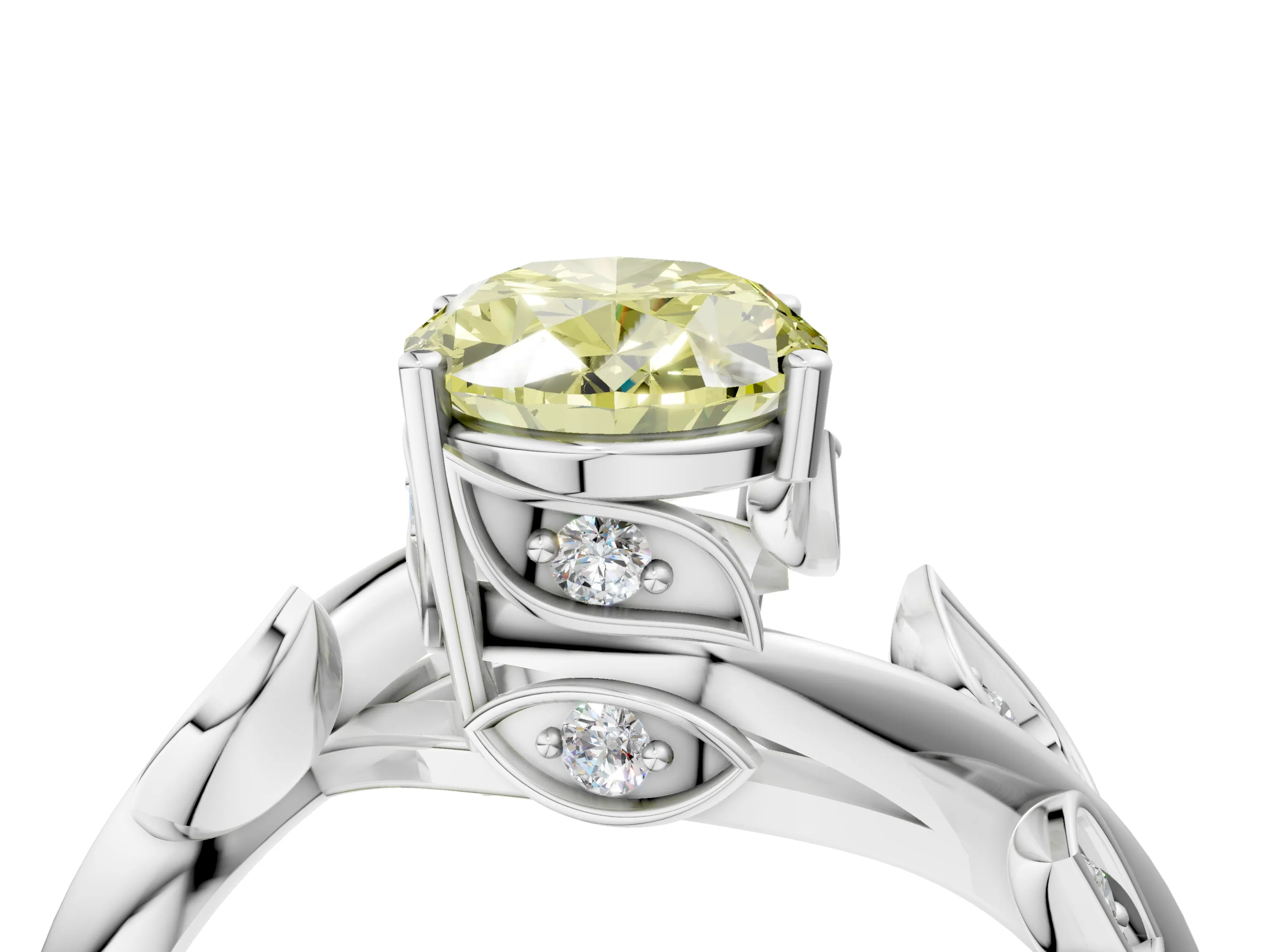 White gold Fancy Yellow Oval Cut Solitaire Twist Engagement Ring with Leaf Accents and Prong Setting_16