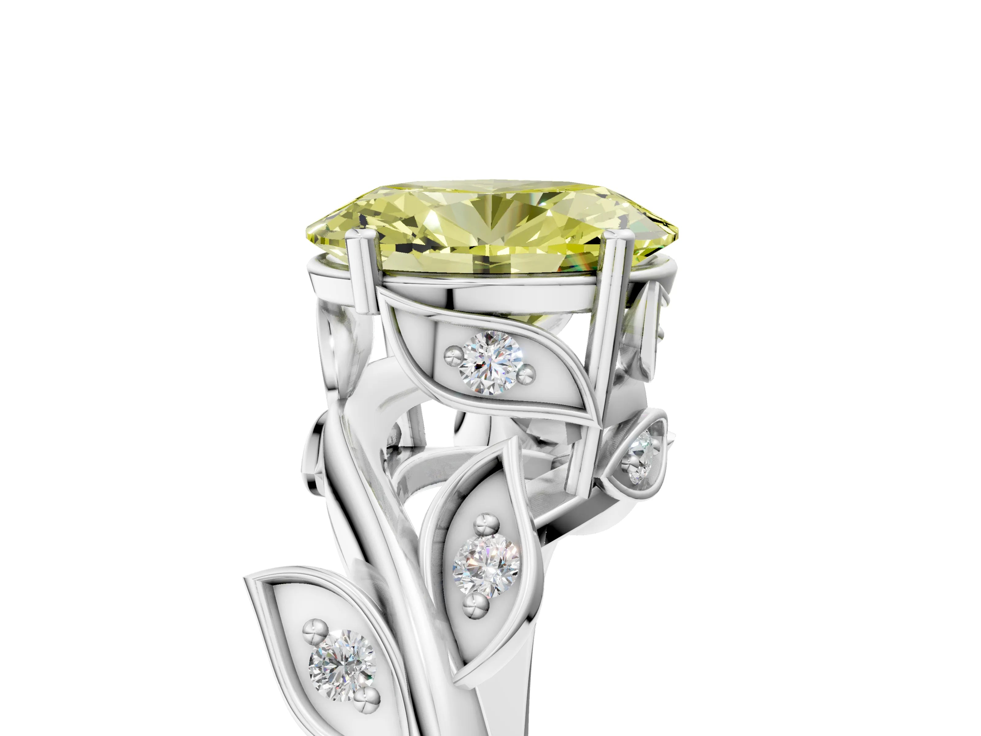White gold Fancy Yellow Oval Cut Solitaire Twist Engagement Ring with Leaf Accents and Prong Setting_17