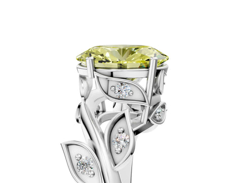 White gold Fancy Yellow Oval Cut Solitaire Twist Engagement Ring with Leaf Accents and Prong Setting_17
