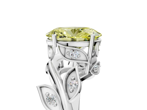 White gold Fancy Yellow Oval Cut Solitaire Twist Engagement Ring with Leaf Accents and Prong Setting_17