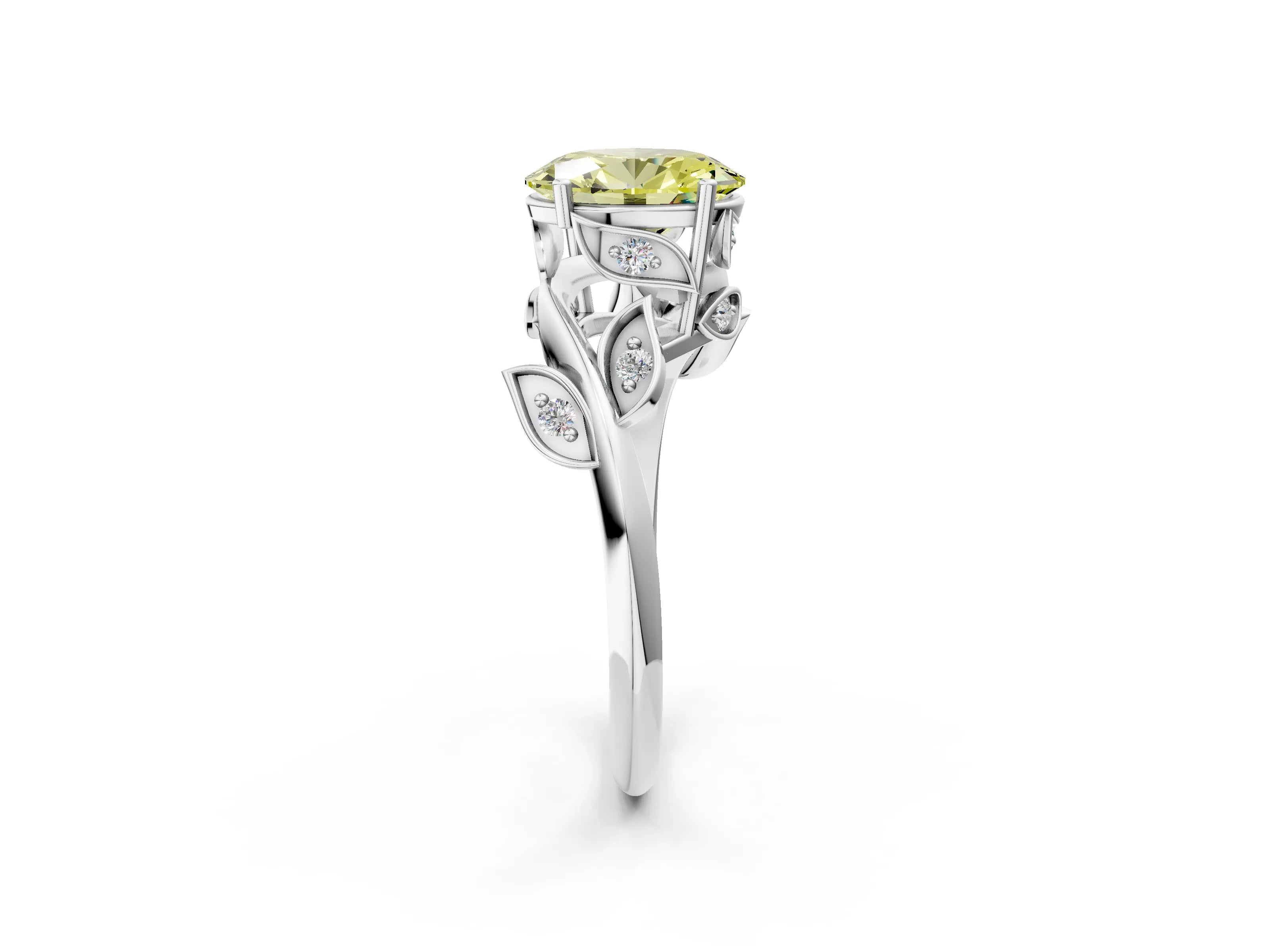 White gold Fancy Yellow Oval Cut Solitaire Twist Engagement Ring with Leaf Accents and Prong Setting_2
