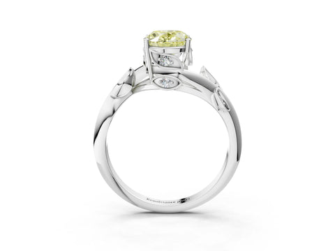 White gold Fancy Yellow Oval Cut Solitaire Twist Engagement Ring with Leaf Accents and Prong Setting_3