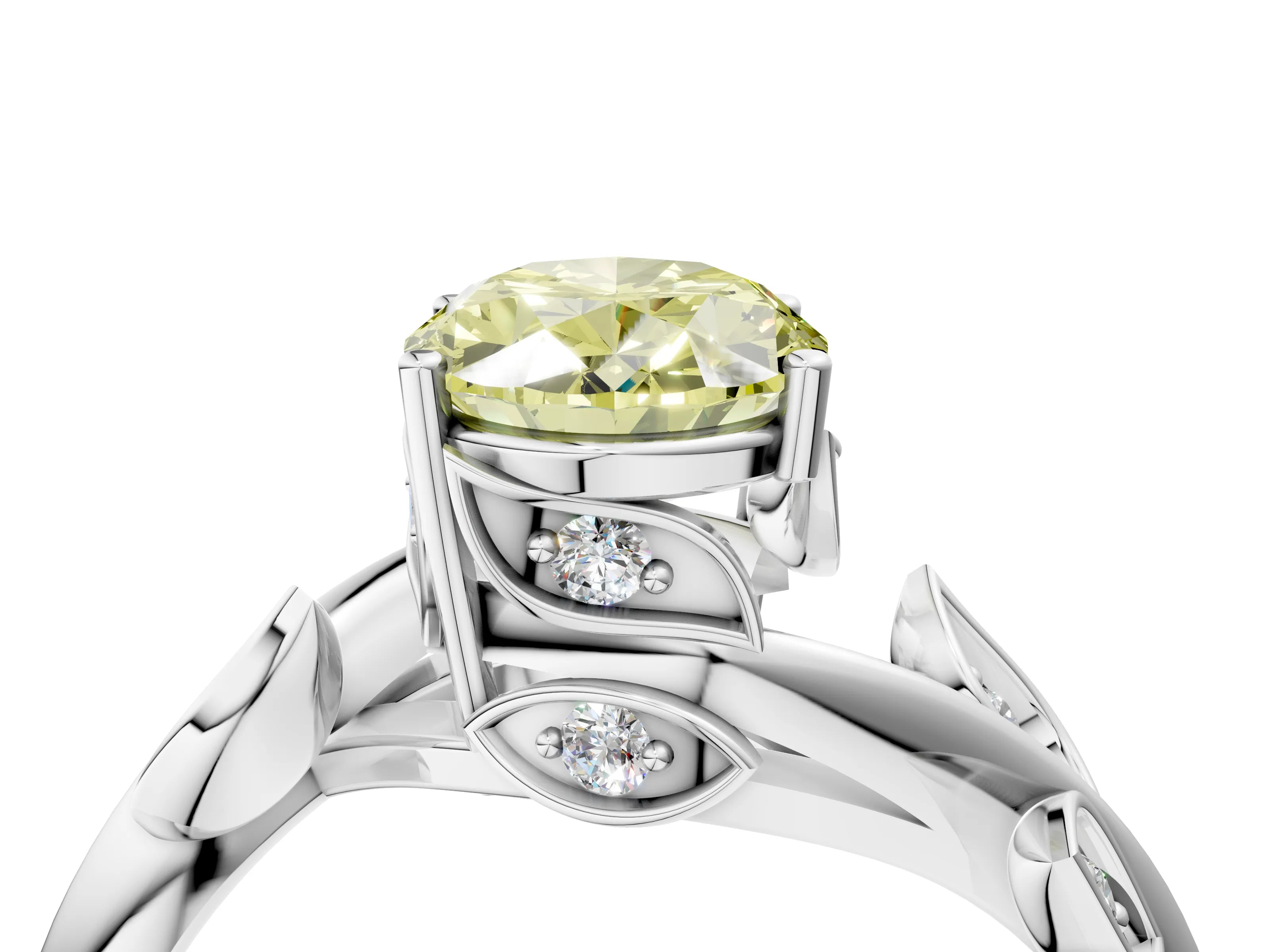 White gold Fancy Yellow Oval Cut Solitaire Twist Engagement Ring with Leaf Accents and Prong Setting_4
