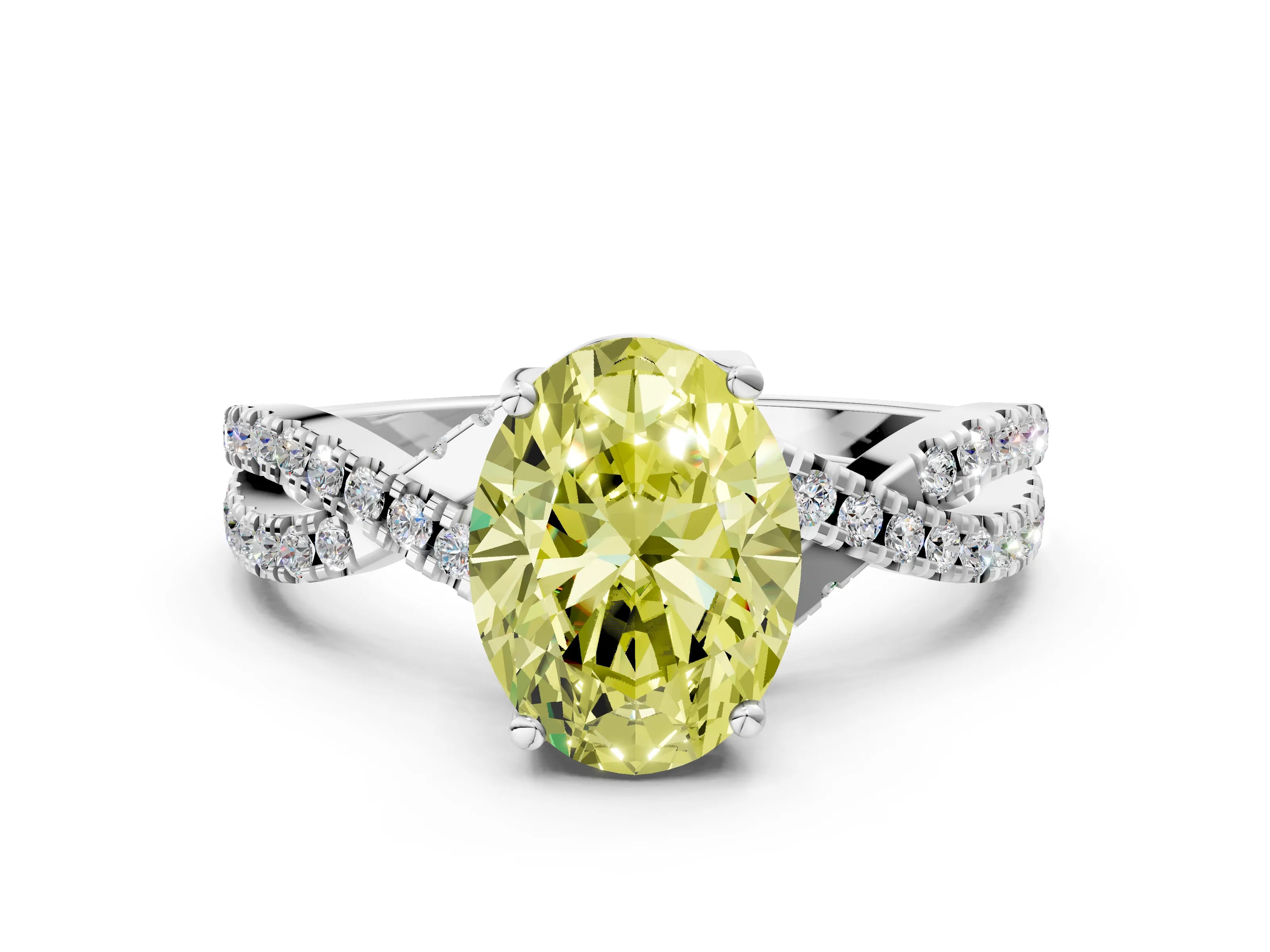 White gold Fancy Yellow Oval Cut Solitaire Twist Pave Diamond Engagement Ring with Prong Setting