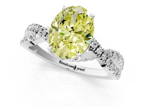 White gold Fancy Yellow Oval Cut Solitaire Twist Pave Diamond Engagement Ring with Prong Setting_1