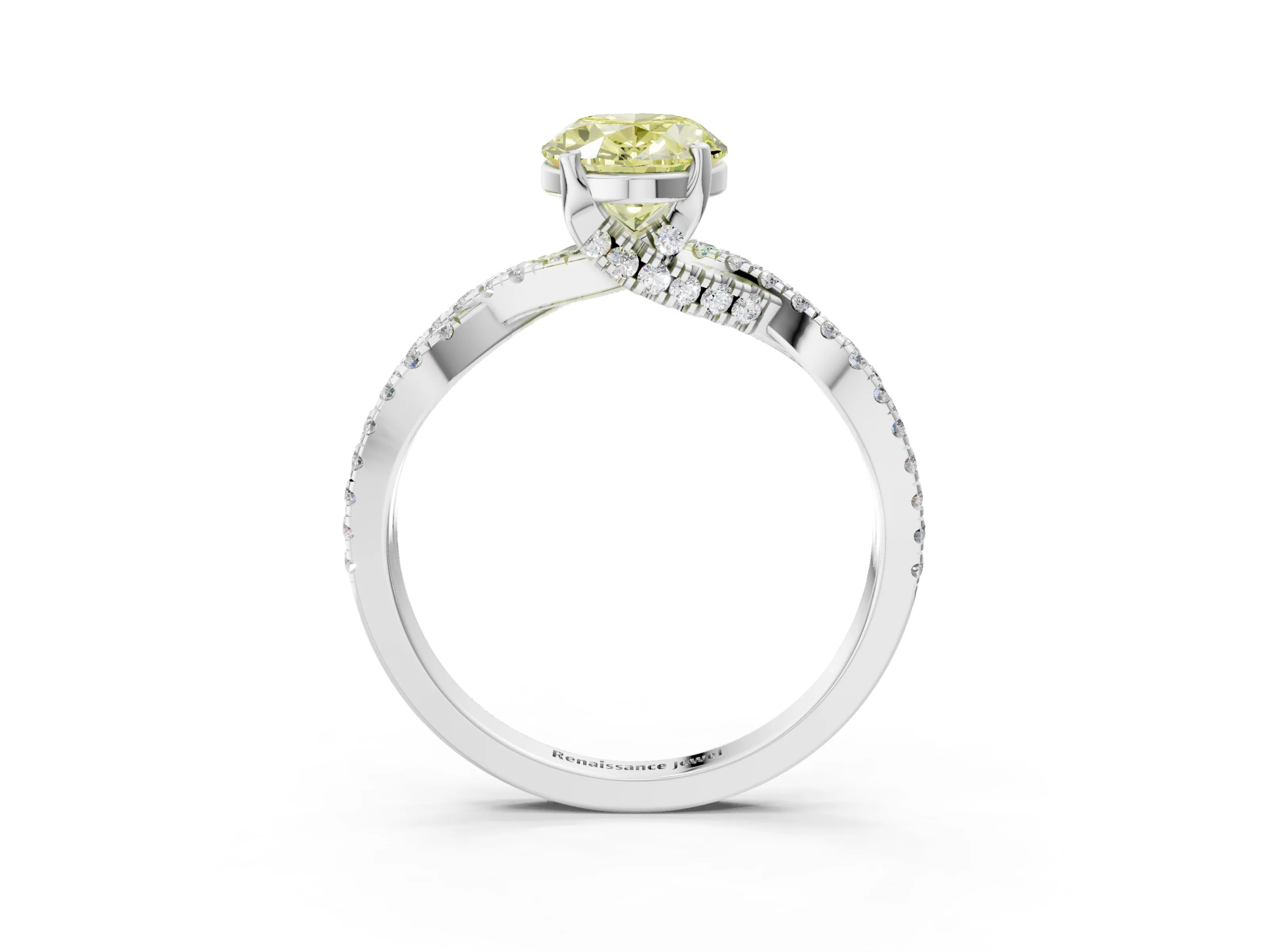 White gold Fancy Yellow Oval Cut Solitaire Twist Pave Diamond Engagement Ring with Prong Setting_9