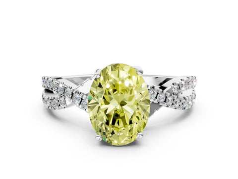 White gold Fancy Yellow Oval Cut Solitaire Twist Pave Diamond Engagement Ring with Prong Setting