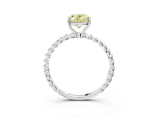 Platinum Fancy Yellow Oval Cut Solitaire Twisted Band 4-Prong Ring