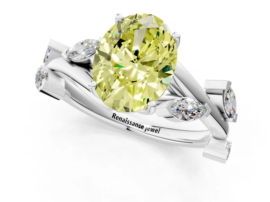 White gold Fancy Yellow Oval Cut Solitaire Twisted Band Marquise Accent Prong Setting Ring