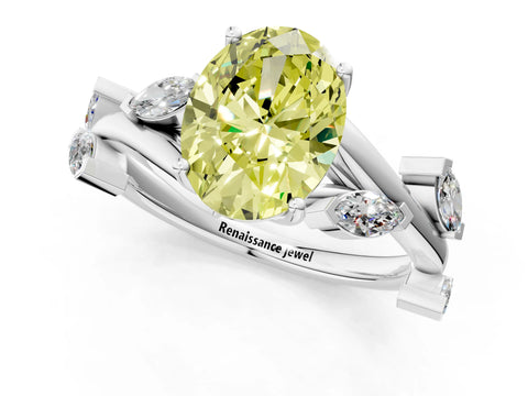White gold Fancy Yellow Oval Cut Solitaire Twisted Band Marquise Accent Prong Setting Ring_1