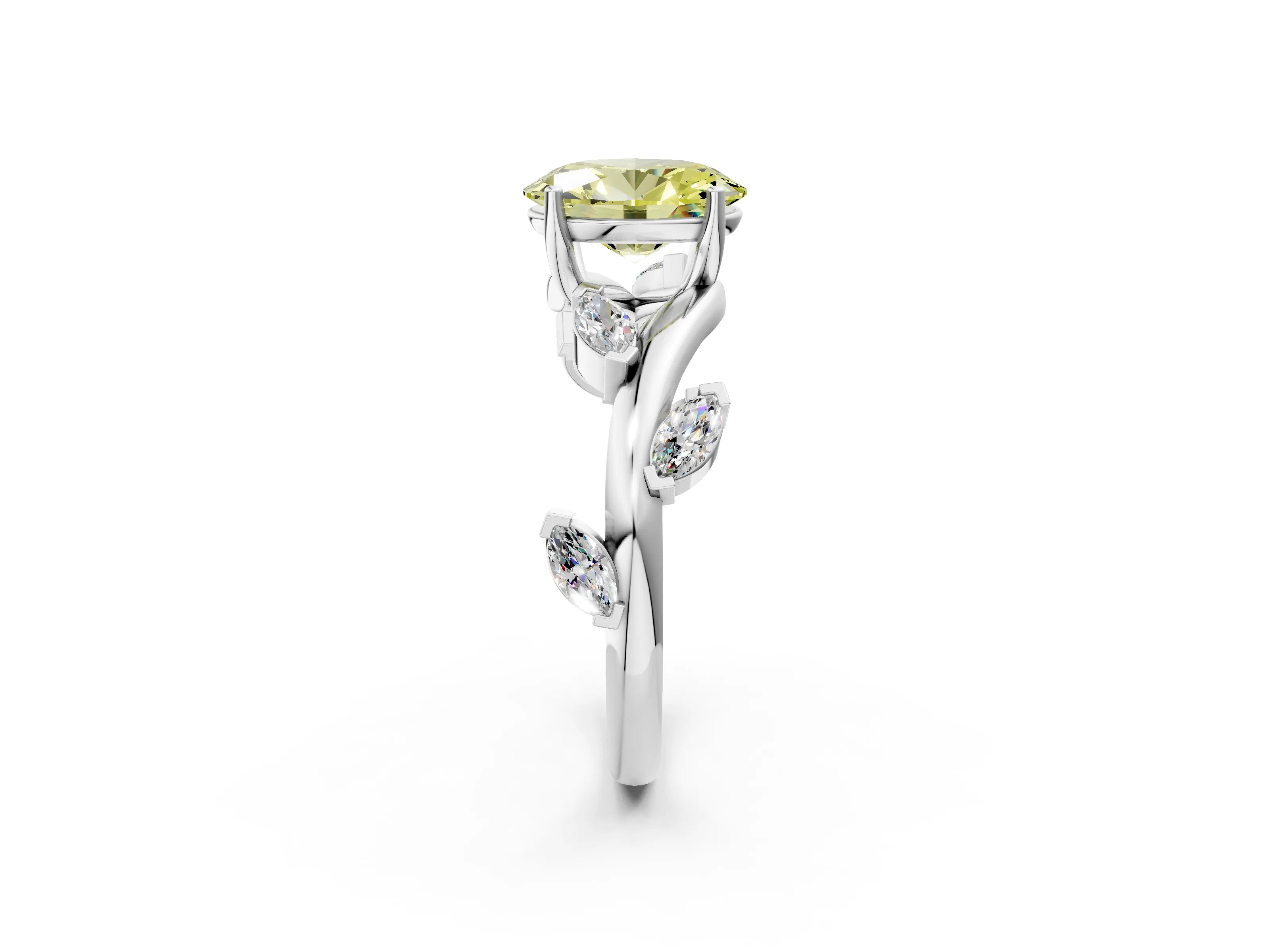 White gold Fancy Yellow Oval Cut Solitaire Twisted Band Marquise Accent Prong Setting Ring_2