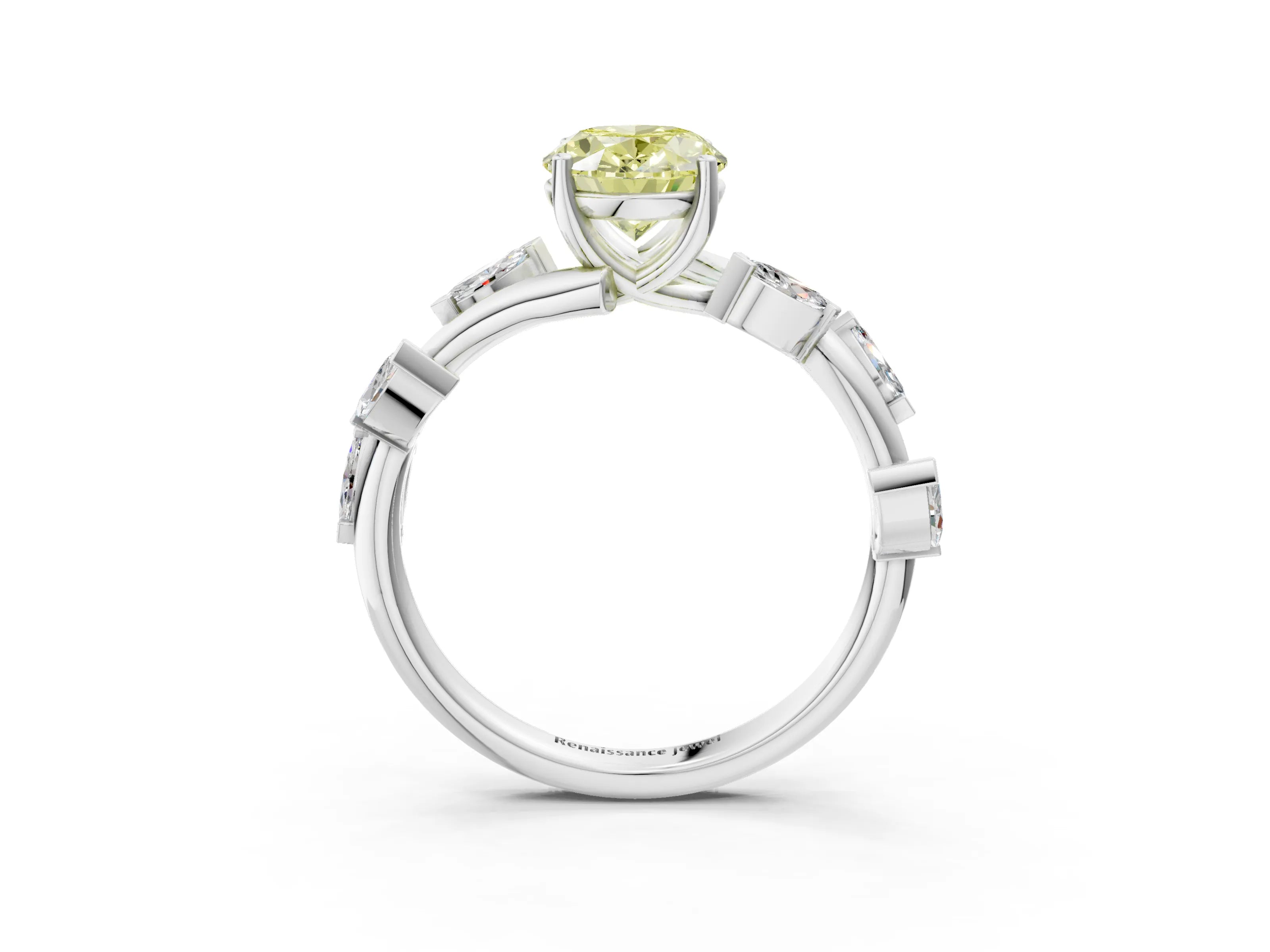 White gold Fancy Yellow Oval Cut Solitaire Twisted Band Marquise Accent Prong Setting Ring_3
