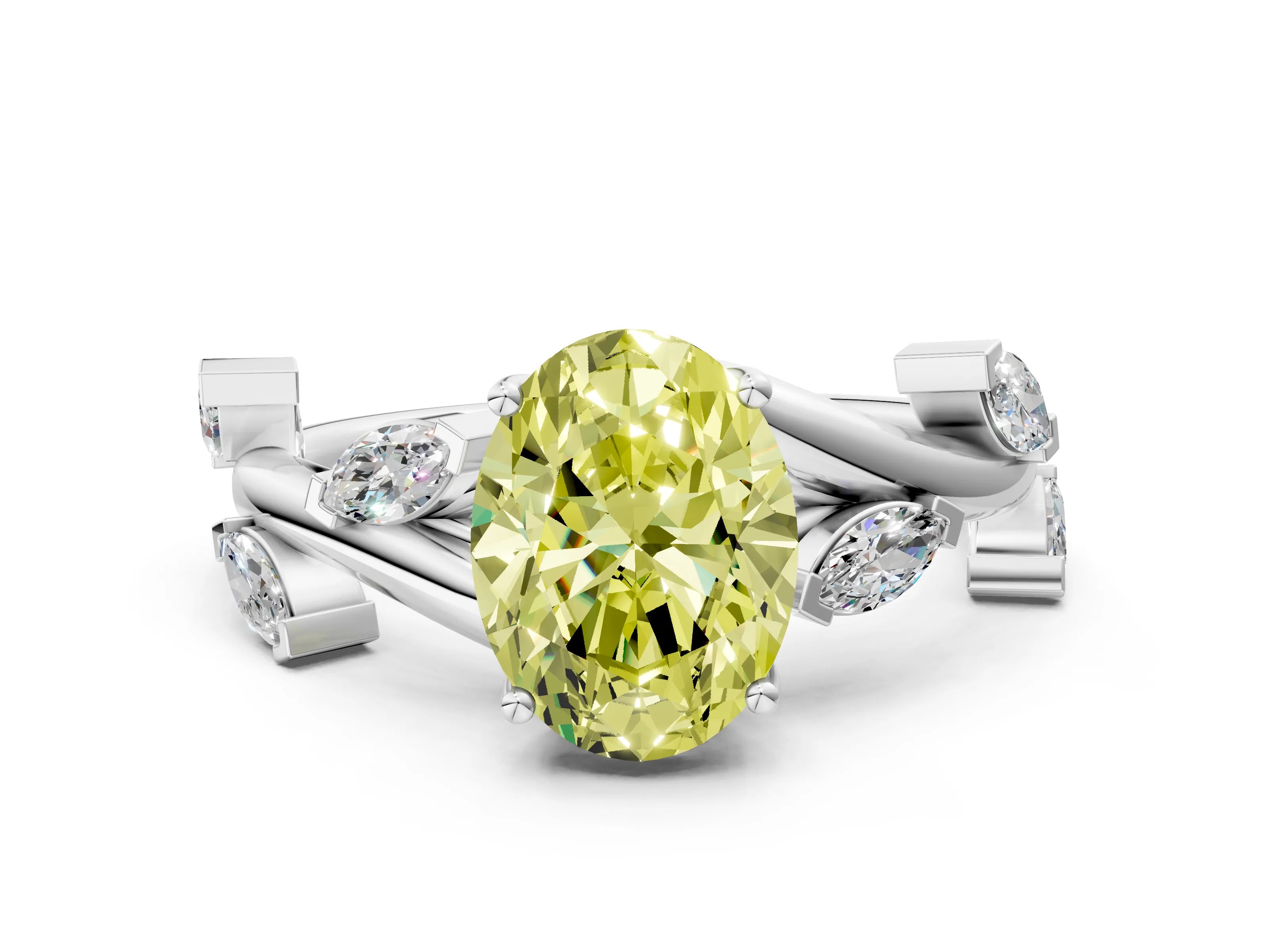White gold Fancy Yellow Oval Cut Solitaire Twisted Band Marquise Accent Prong Setting Ring