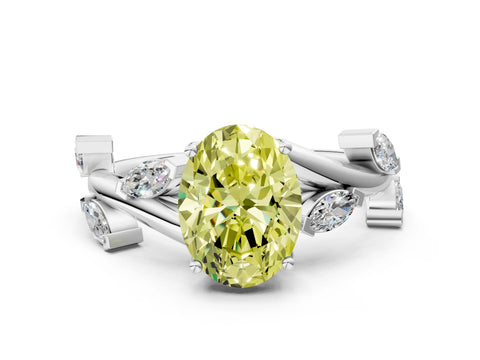 White gold Fancy Yellow Oval Cut Solitaire Twisted Band Marquise Accent Prong Setting Ring