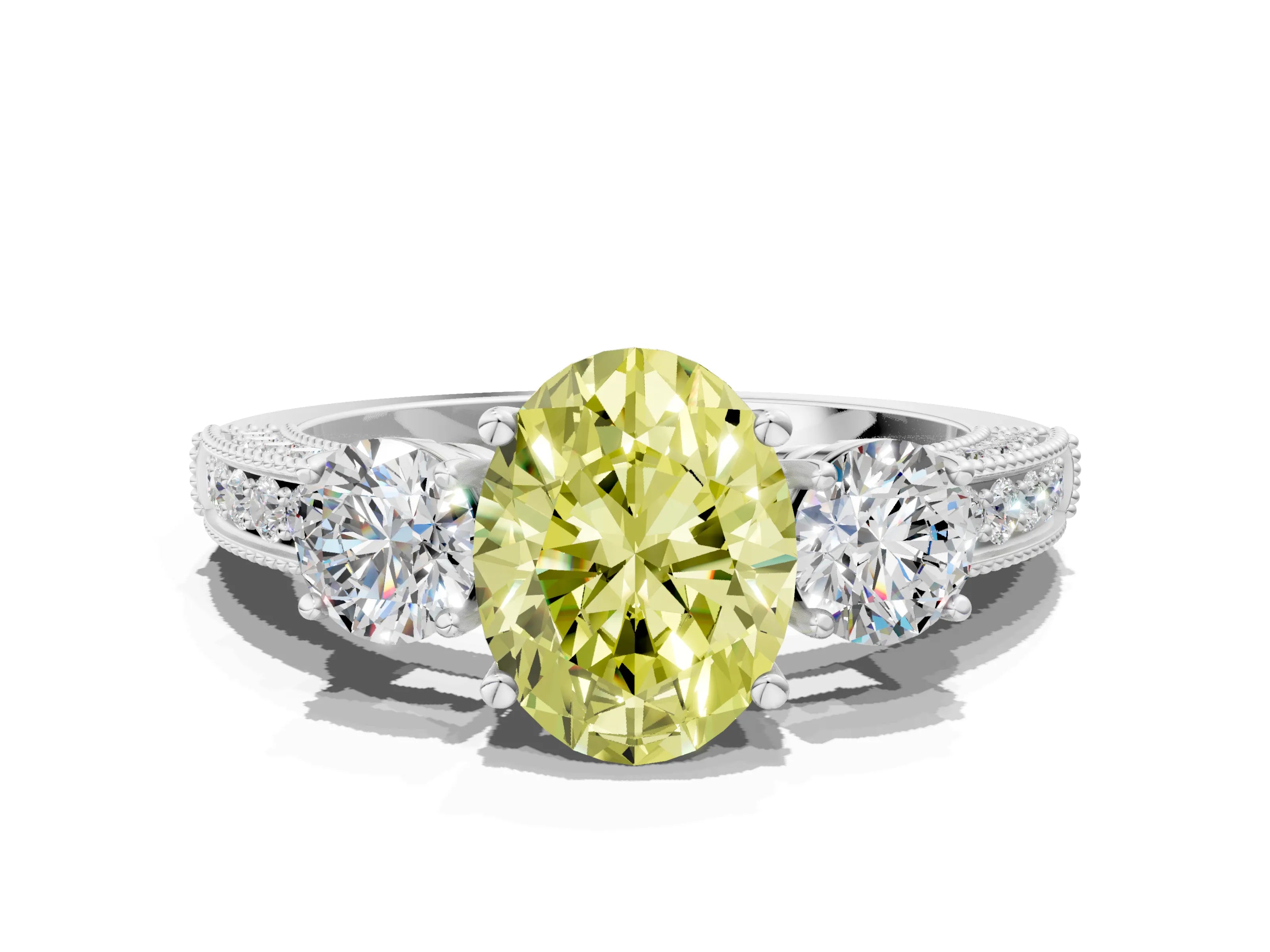 White gold Fancy Yellow Oval Cut Three-Stone Diamond Ring with Pavé Band and Four-Prong Setting_12