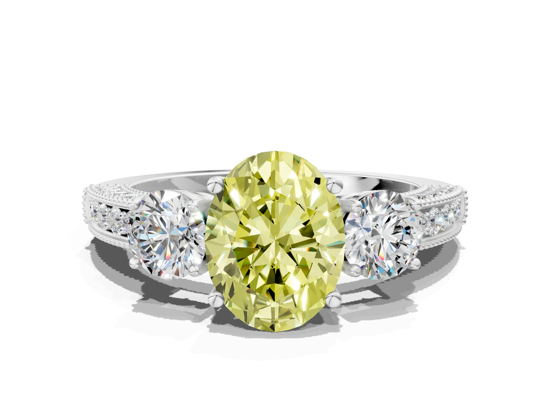 White gold Fancy Yellow Oval Cut Three-Stone Diamond Ring with Pavé Band and Four-Prong Setting_12