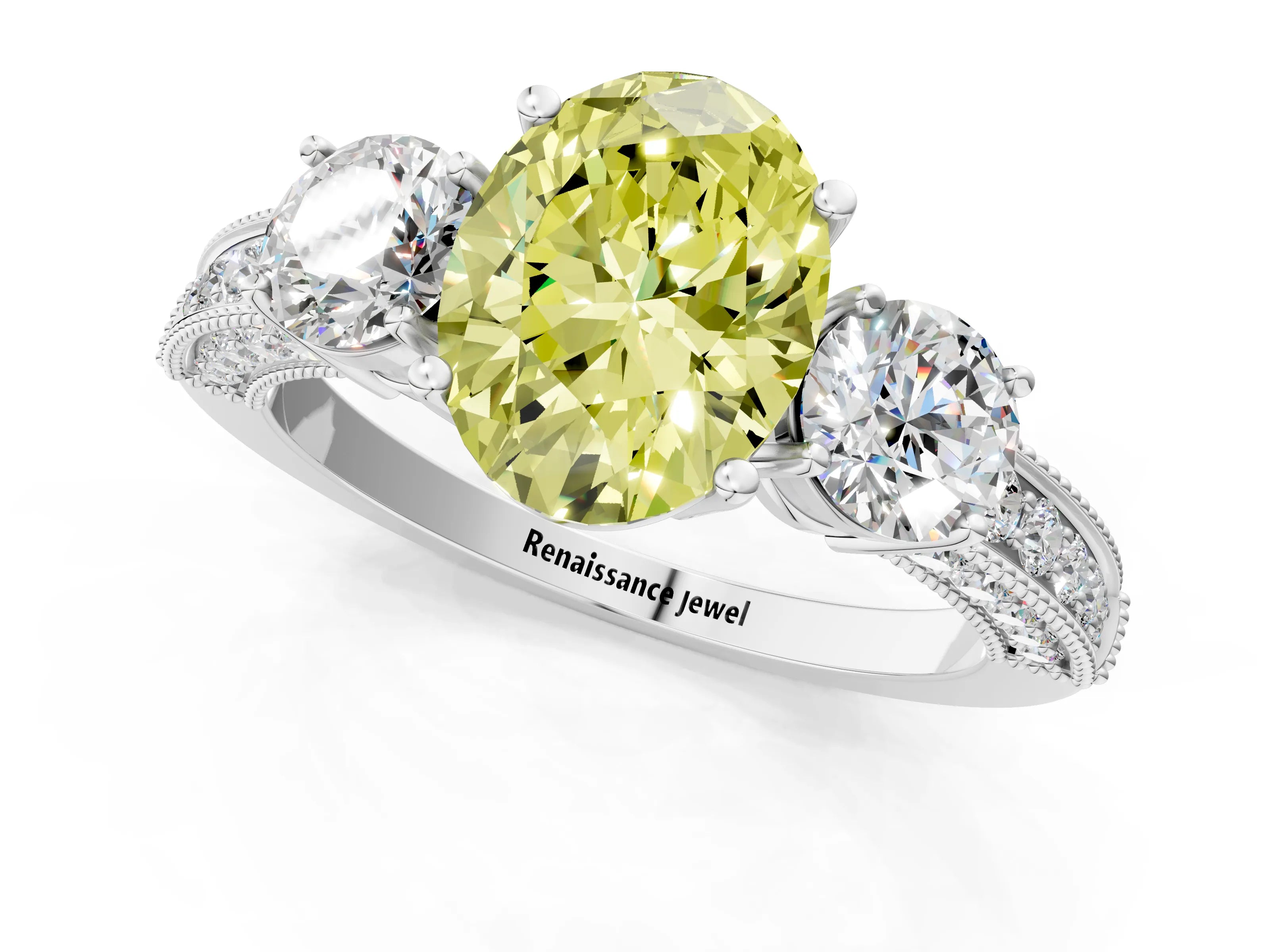 White gold Fancy Yellow Oval Cut Three-Stone Diamond Ring with Pavé Band and Four-Prong Setting_13