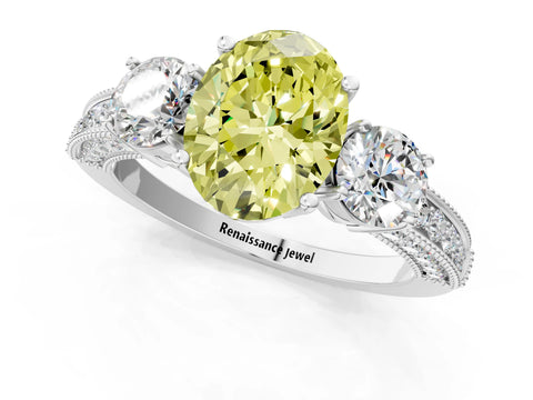 White gold Fancy Yellow Oval Cut Three-Stone Diamond Ring with Pavé Band and Four-Prong Setting_13