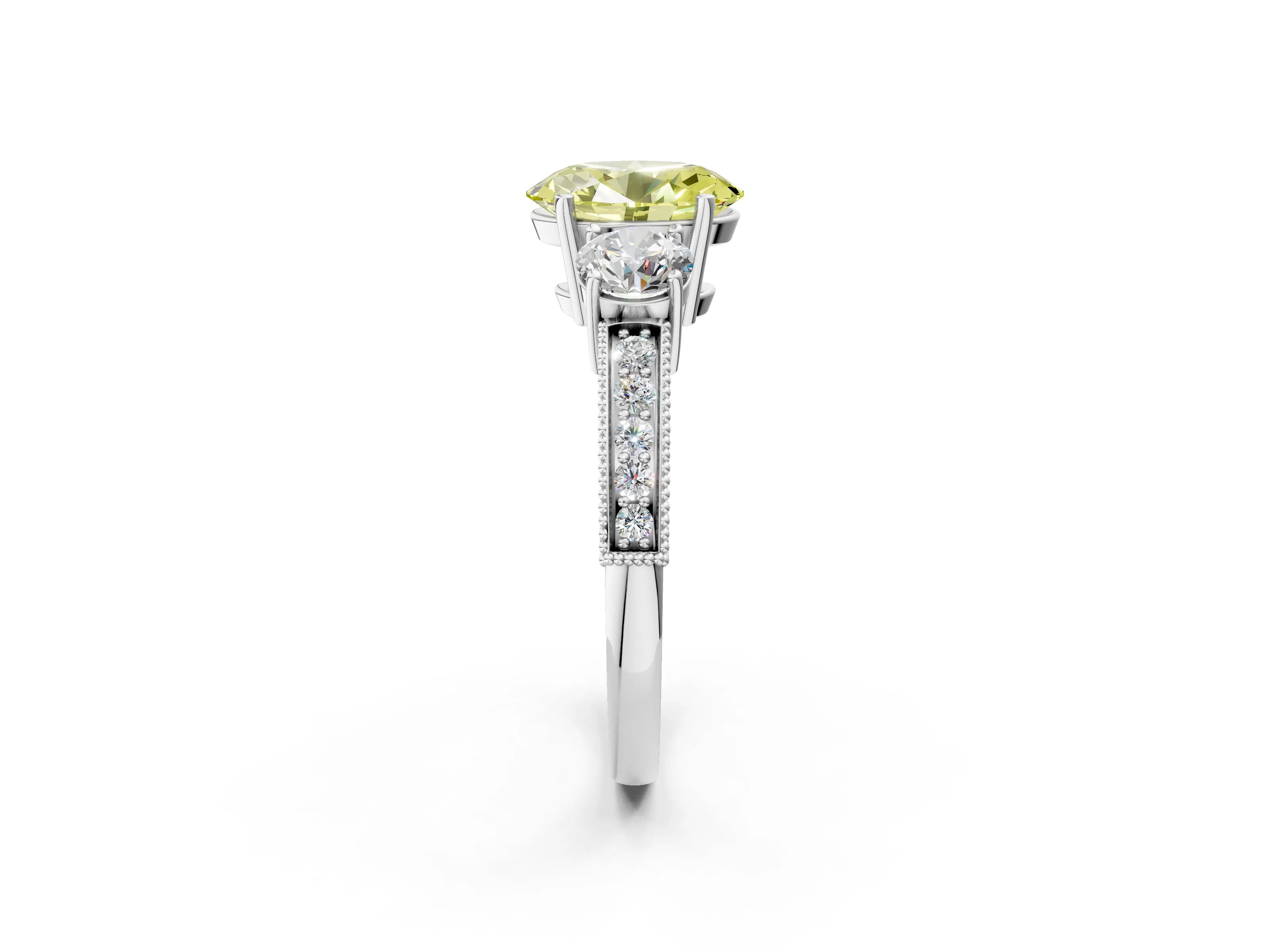 White gold Fancy Yellow Oval Cut Three-Stone Diamond Ring with Pavé Band and Four-Prong Setting_14