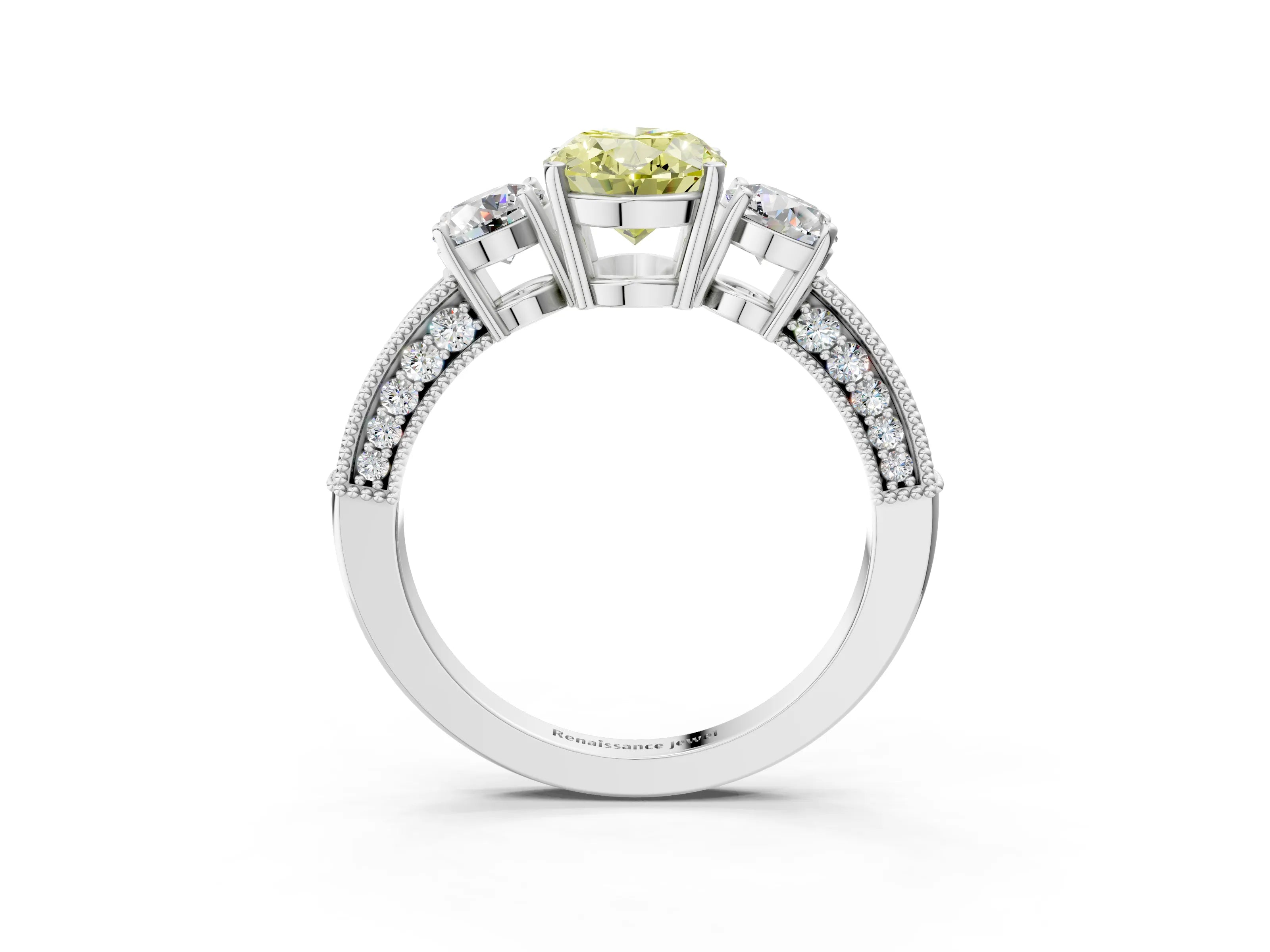 White gold Fancy Yellow Oval Cut Three-Stone Diamond Ring with Pavé Band and Four-Prong Setting_15