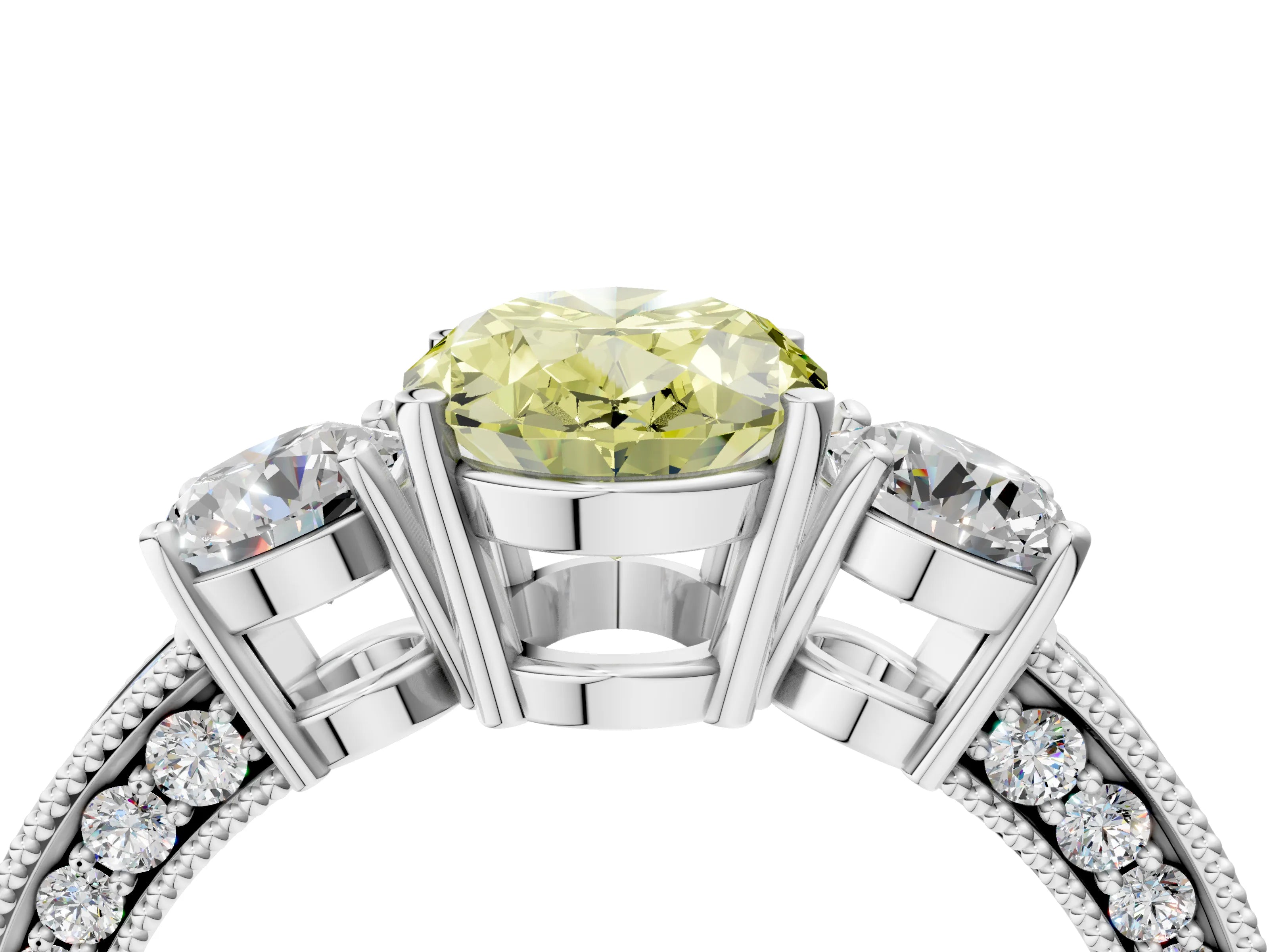 White gold Fancy Yellow Oval Cut Three-Stone Diamond Ring with Pavé Band and Four-Prong Setting_16