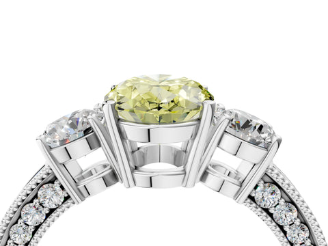 White gold Fancy Yellow Oval Cut Three-Stone Diamond Ring with Pavé Band and Four-Prong Setting_16