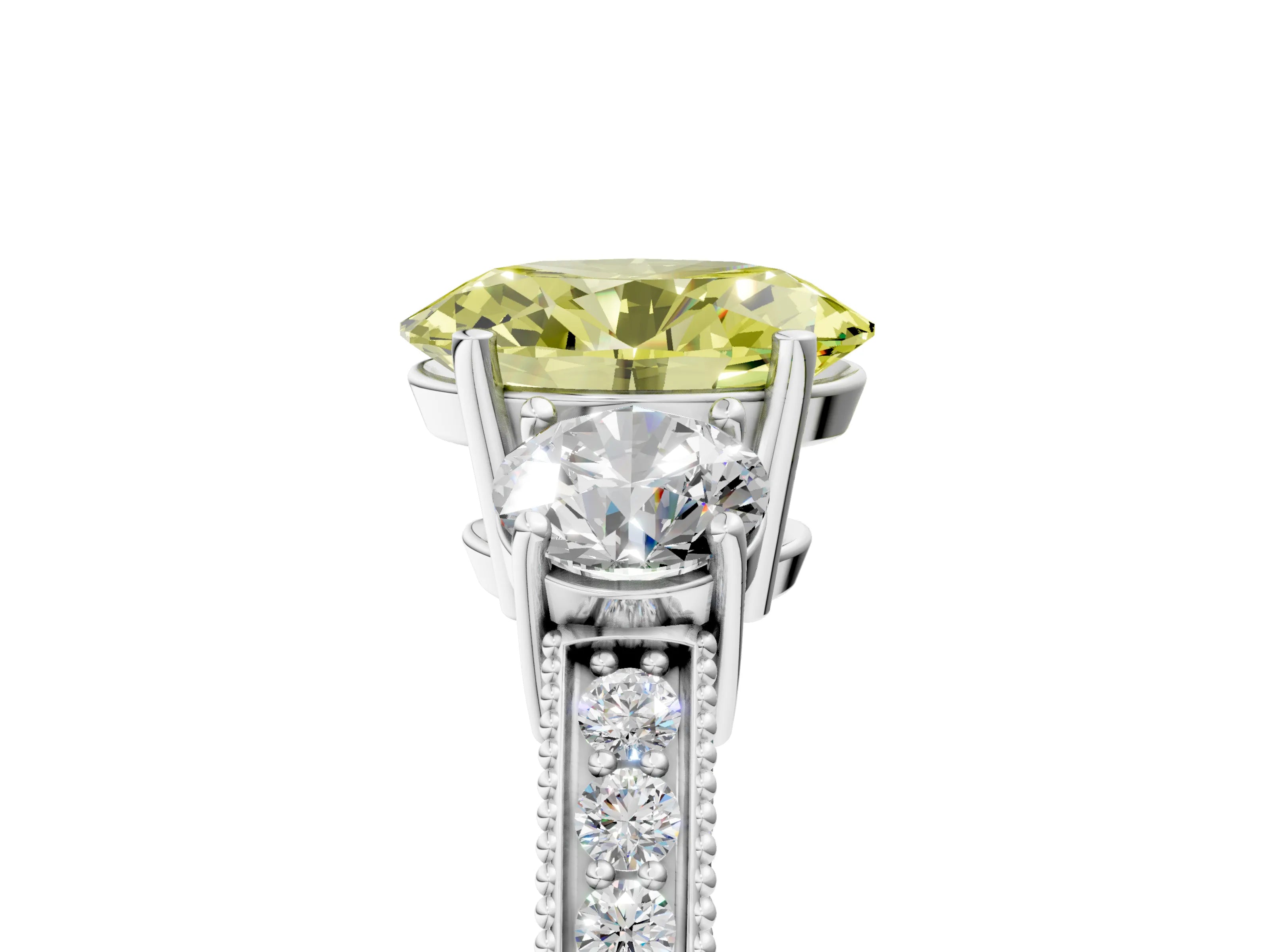 White gold Fancy Yellow Oval Cut Three-Stone Diamond Ring with Pavé Band and Four-Prong Setting_17