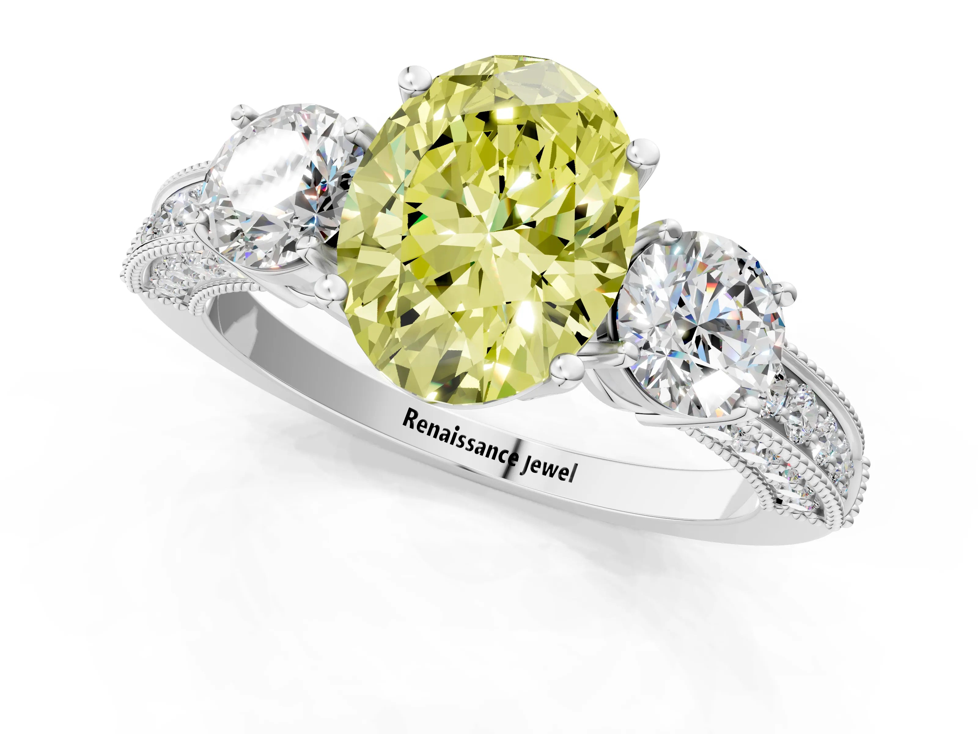 White gold Fancy Yellow Oval Cut Three-Stone Diamond Ring with Pavé Band and Four-Prong Setting_1
