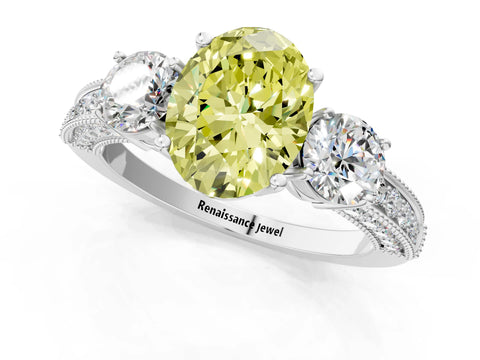 White gold Fancy Yellow Oval Cut Three-Stone Diamond Ring with Pavé Band and Four-Prong Setting_1