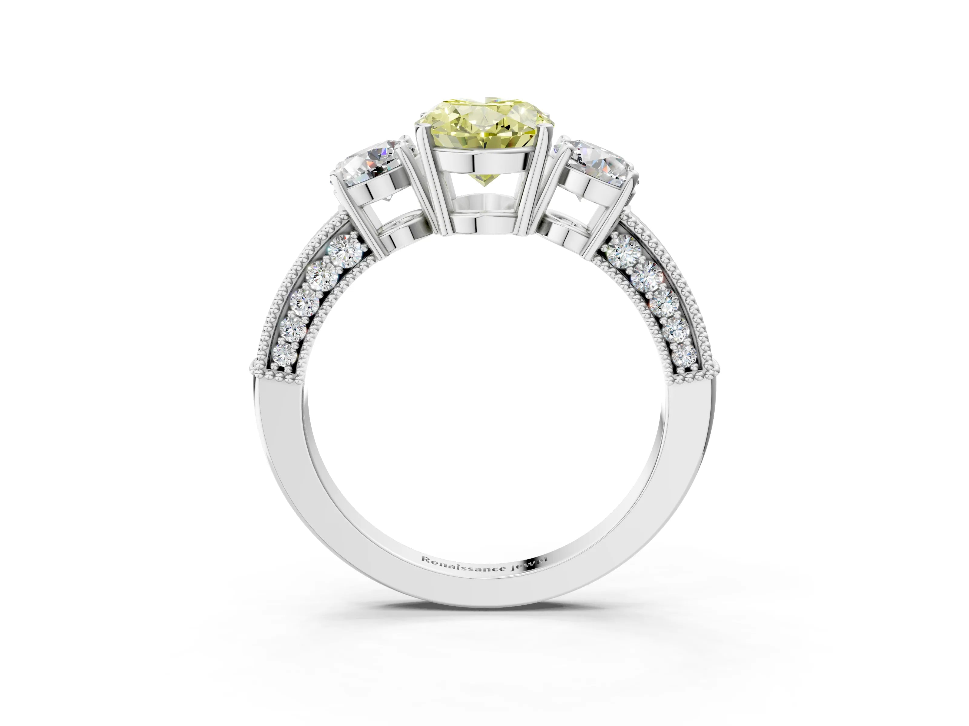 White gold Fancy Yellow Oval Cut Three-Stone Diamond Ring with Pavé Band and Four-Prong Setting_3