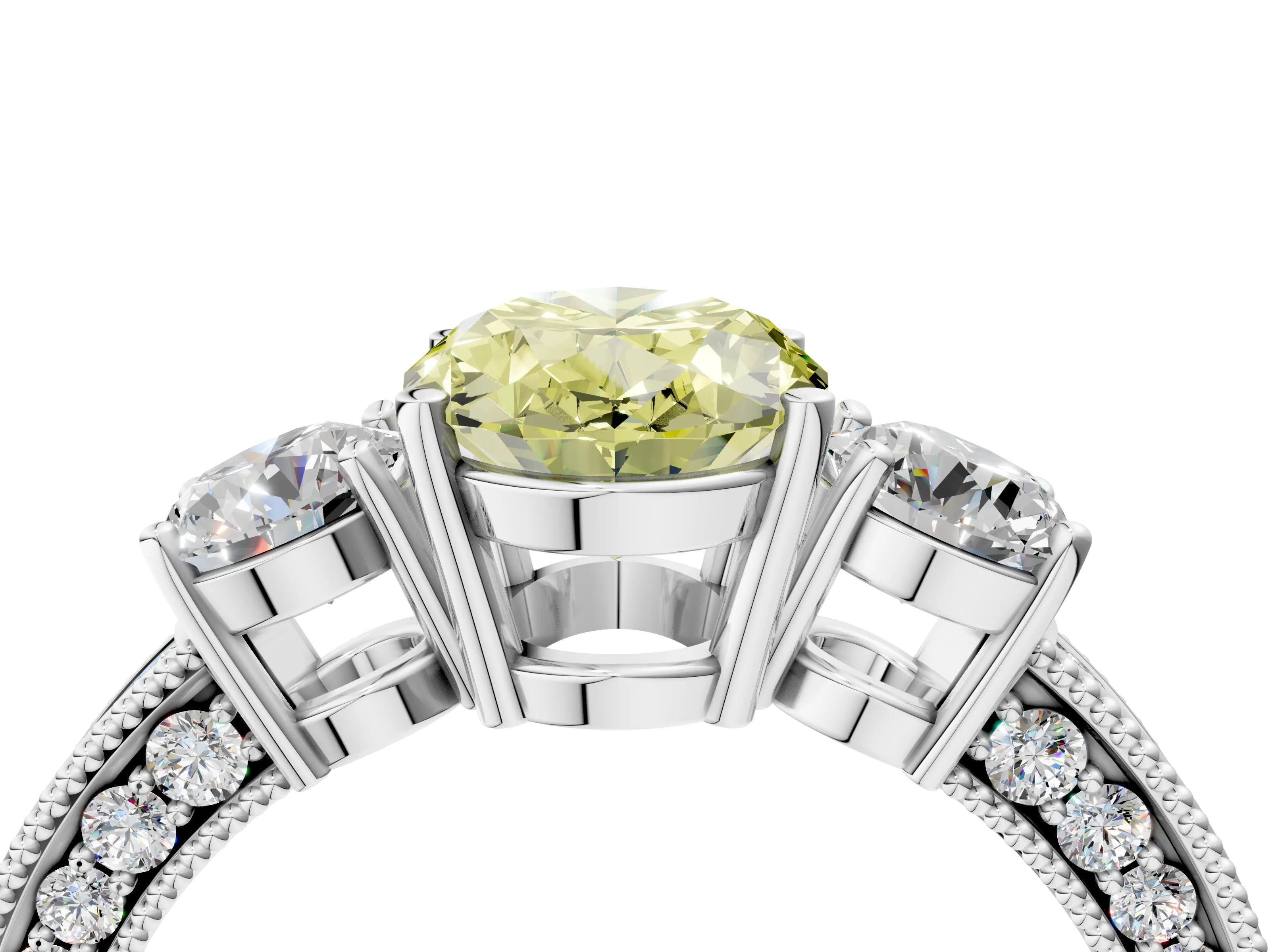 White gold Fancy Yellow Oval Cut Three-Stone Diamond Ring with Pavé Band and Four-Prong Setting_4