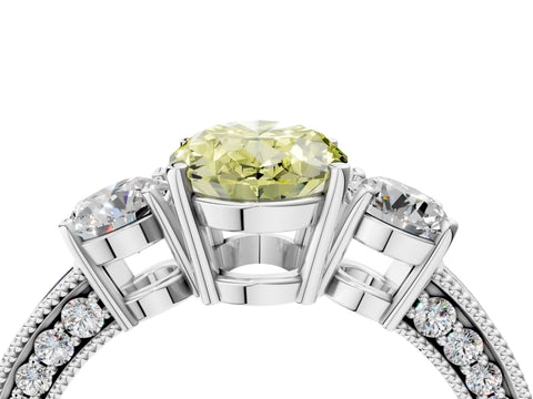 White gold Fancy Yellow Oval Cut Three-Stone Diamond Ring with Pavé Band and Four-Prong Setting_4