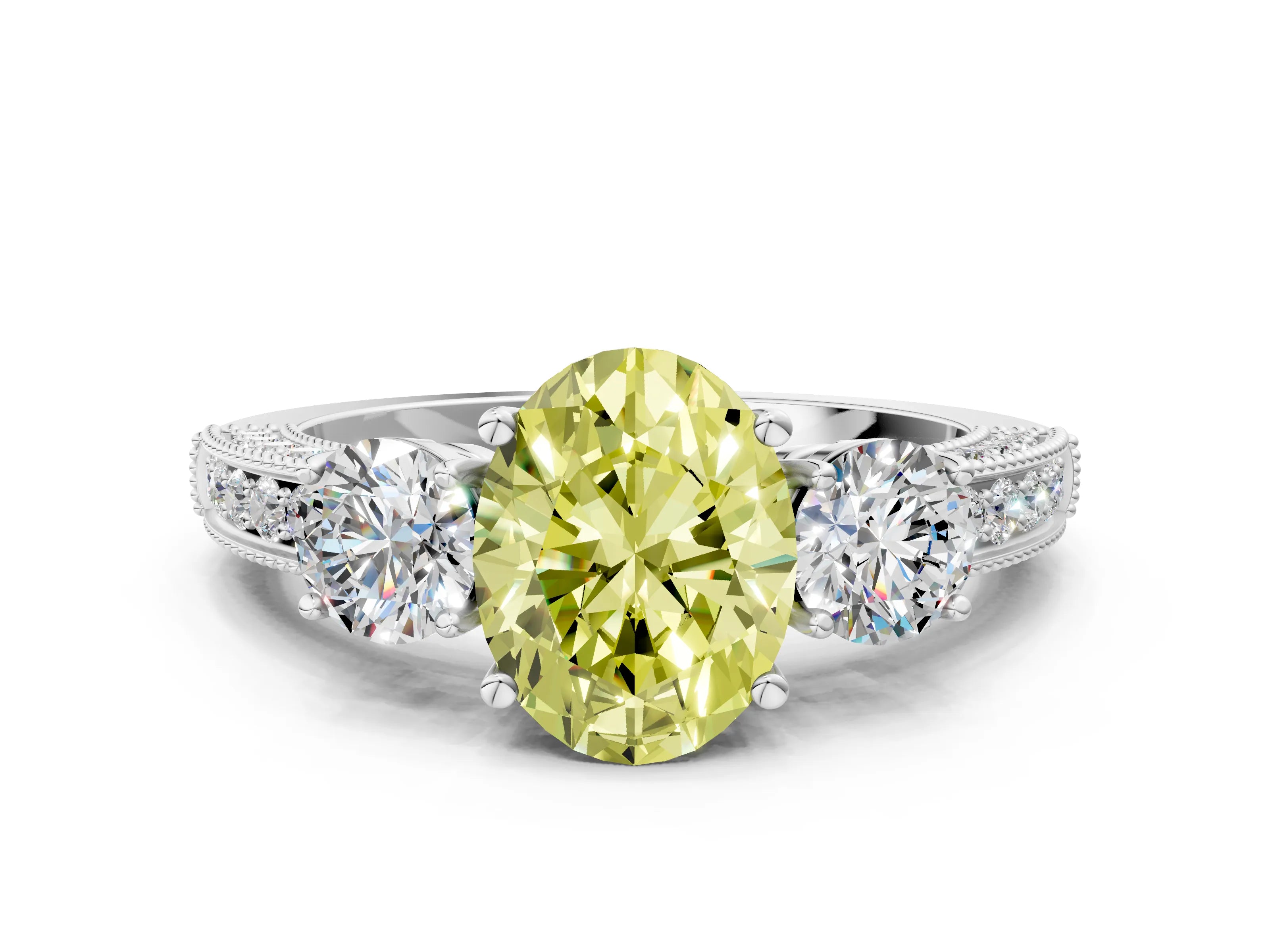 White gold Fancy Yellow Oval Cut Three-Stone Diamond Ring with Pavé Band and Four-Prong Setting