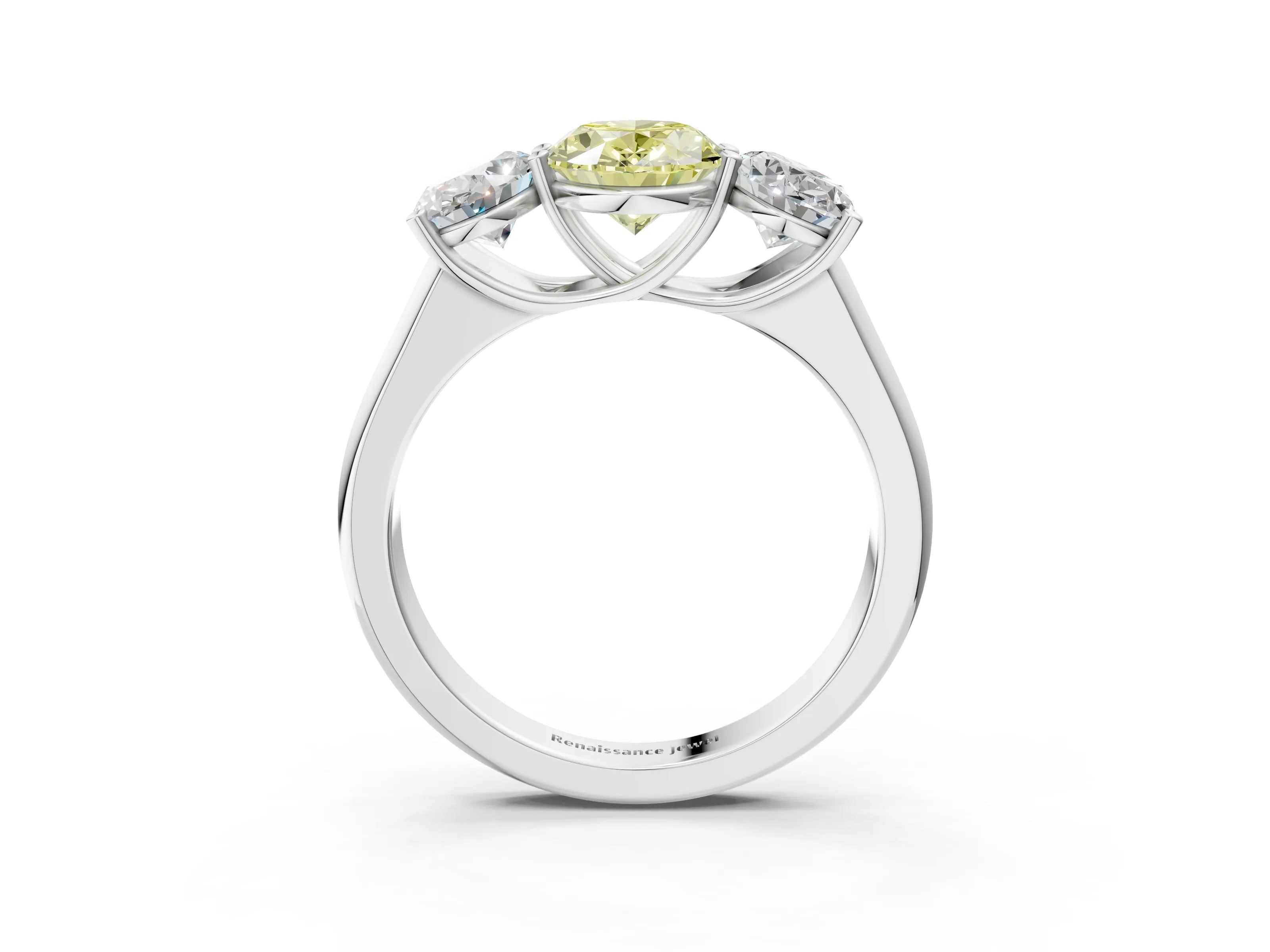 White gold Fancy Yellow Oval Cut Three-Stone Diamond Ring with Prong Setting on a Classic Band_3
