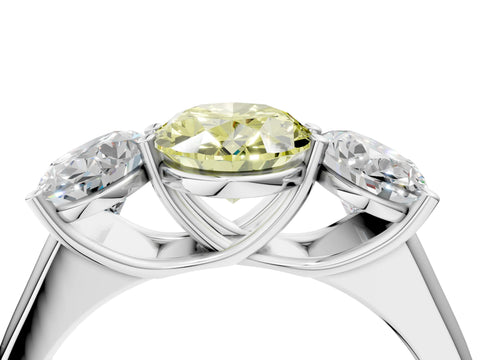 White gold Fancy Yellow Oval Cut Three-Stone Diamond Ring with Prong Setting on a Classic Band_4