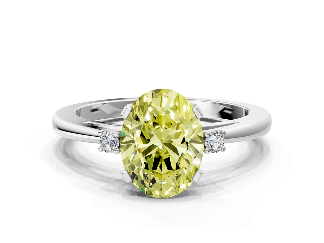 White gold Fancy Yellow Oval  Cut Three-Stone Solitaire Ring with Round Accent Diamonds and Four-Prong Setting_59