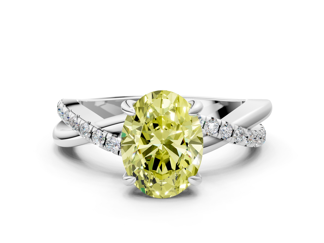 White gold Fancy Yellow Oval  Cut Twist Band Solitaire Diamond Ring with Pavé Setting_3
