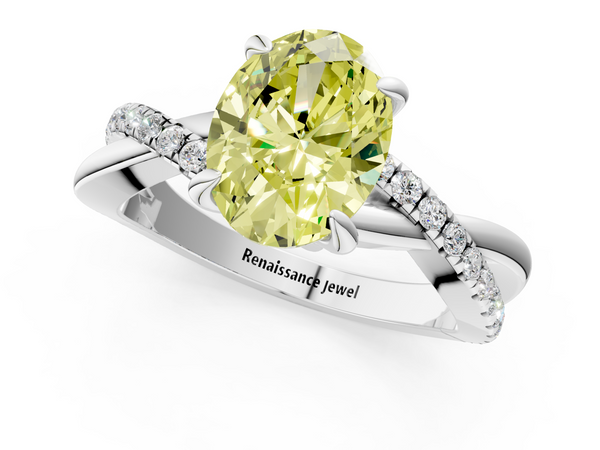 White gold Fancy Yellow Oval  Cut Twist Band Solitaire Diamond Ring with Pavé Setting